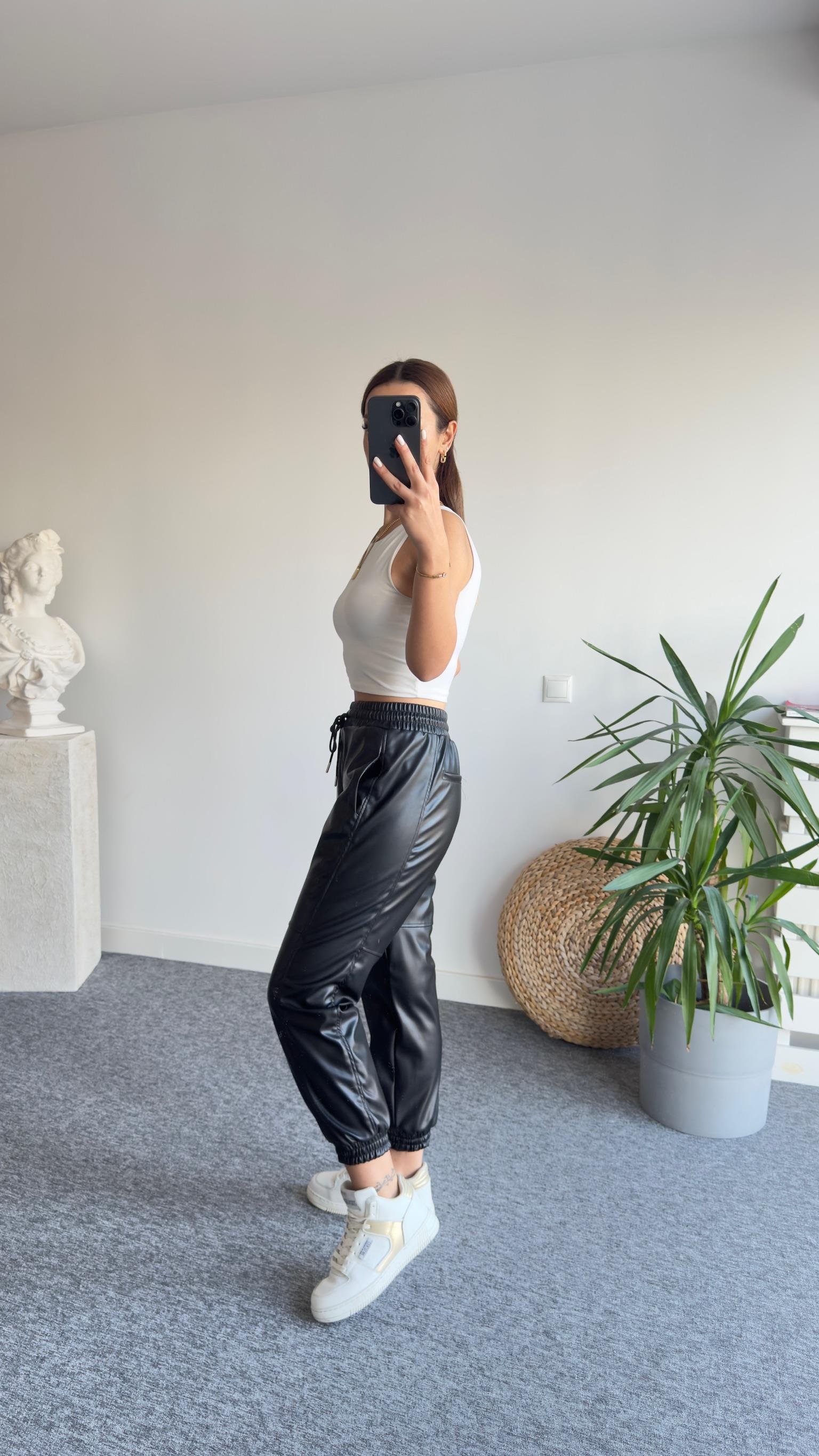 Bel Lastikli Tw Model Siyah Deri Pantolon