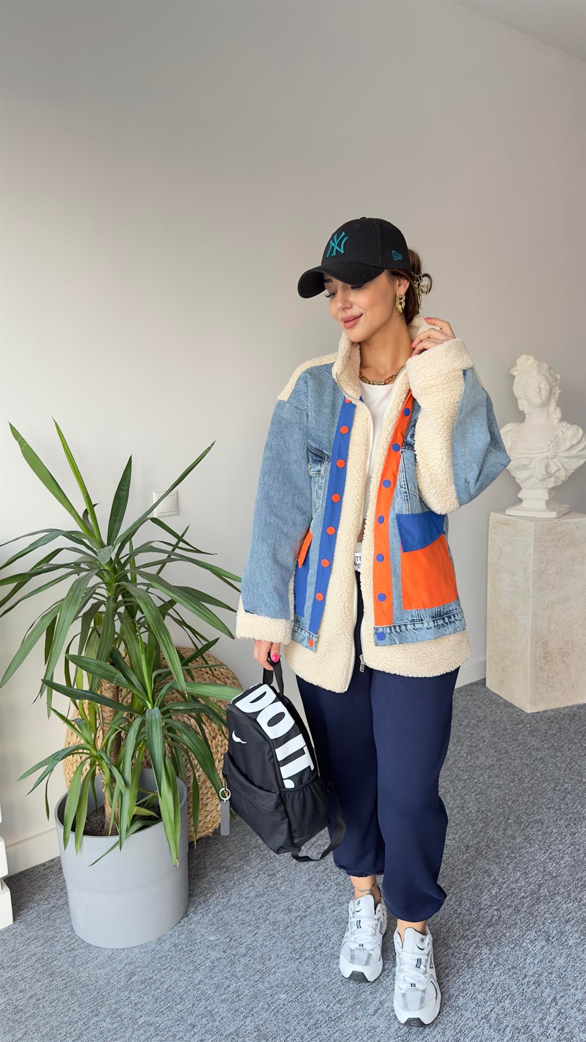 Denim Mix Turuncu Detay Peluş Mont
