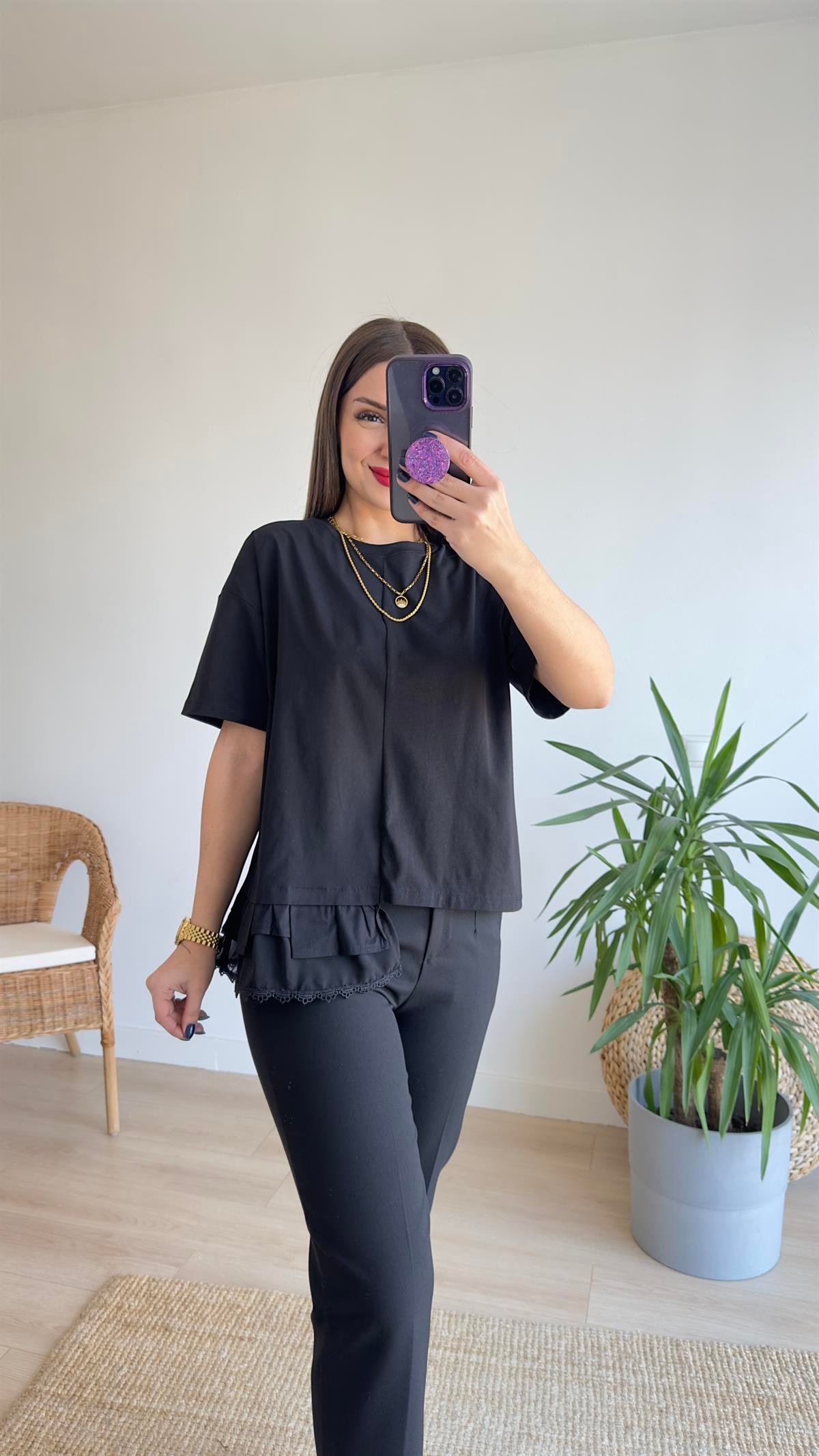 Poplin Detay Siyah Tshirt