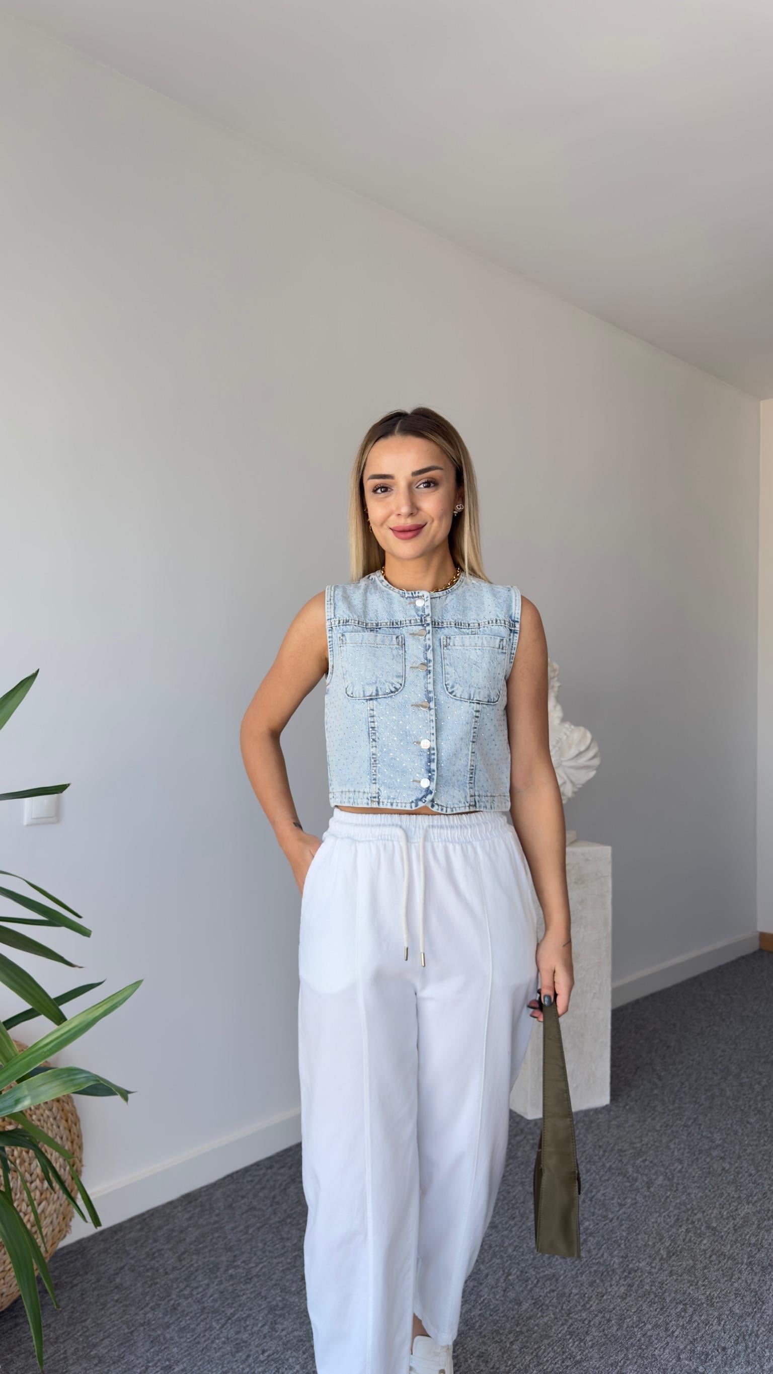 Taş Baskılı Denim Yelek
