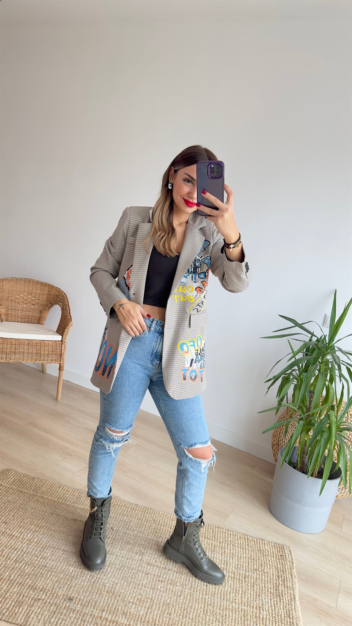 Tasarım Yazı Detaylı Blazer Ceket