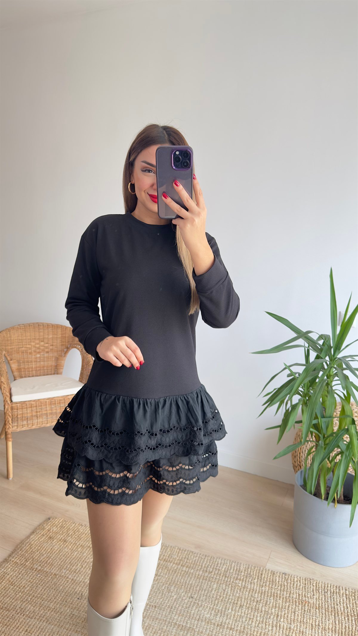 Eteği Fistolu Siyah Sweat Elbise 