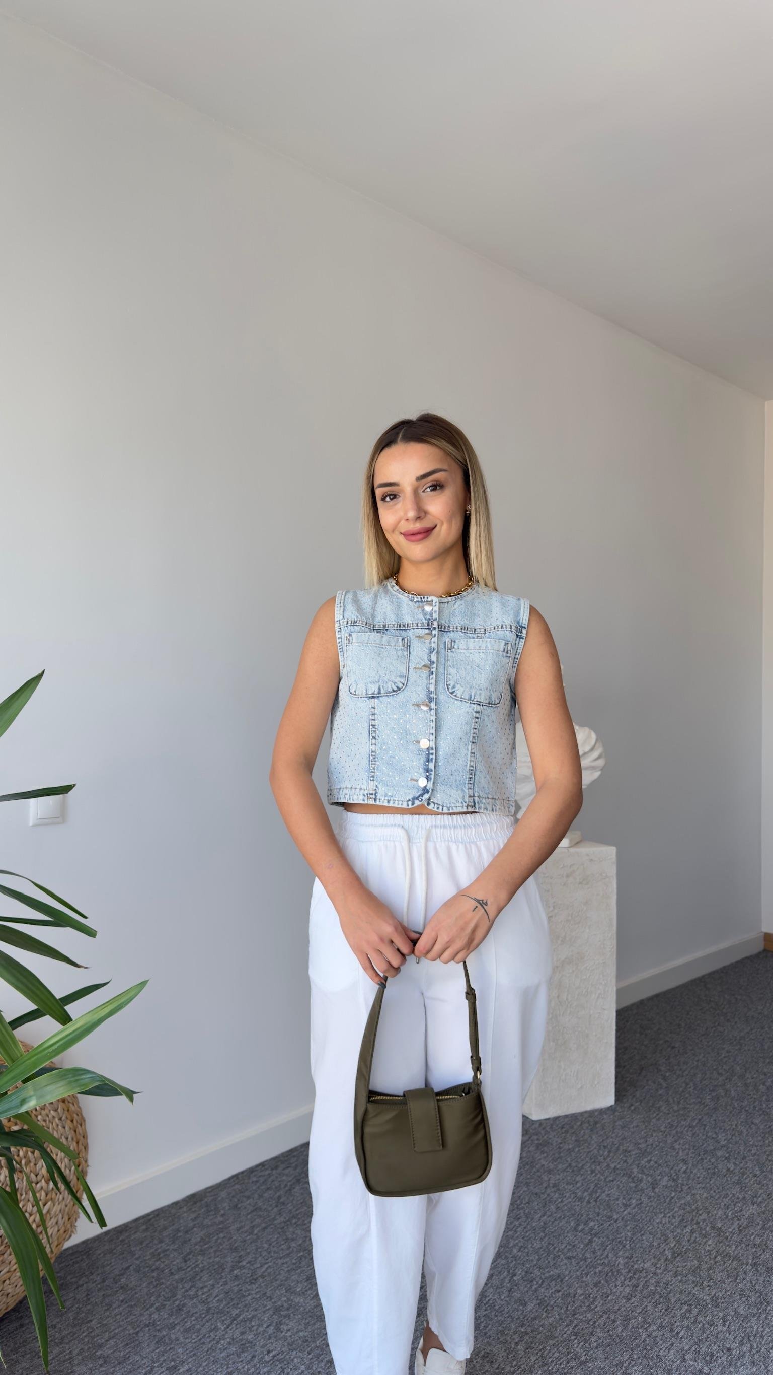 Taş Baskılı Denim Yelek
