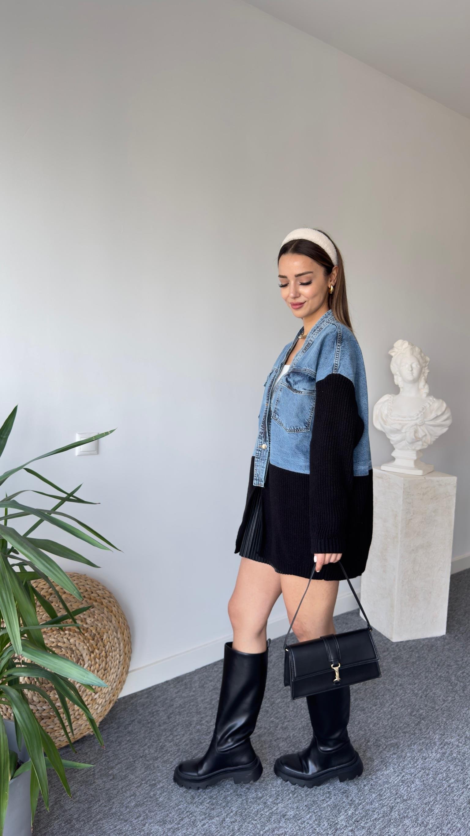 Üstü Kot Altı Siyah Triko Detaylı Hırka 