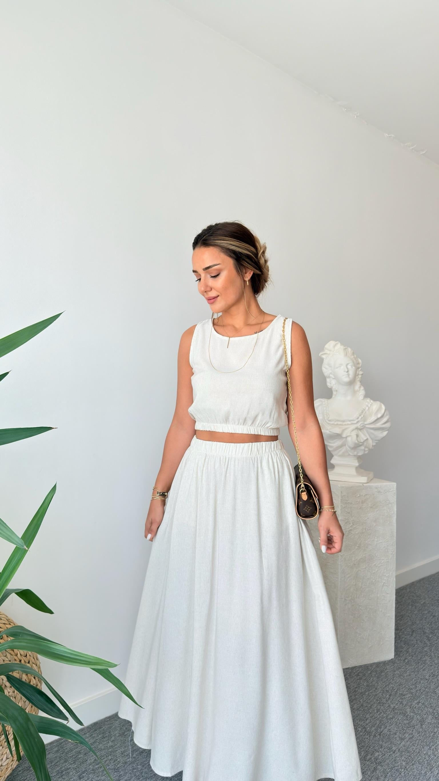 Bej  Keten Etekli Crop Takım