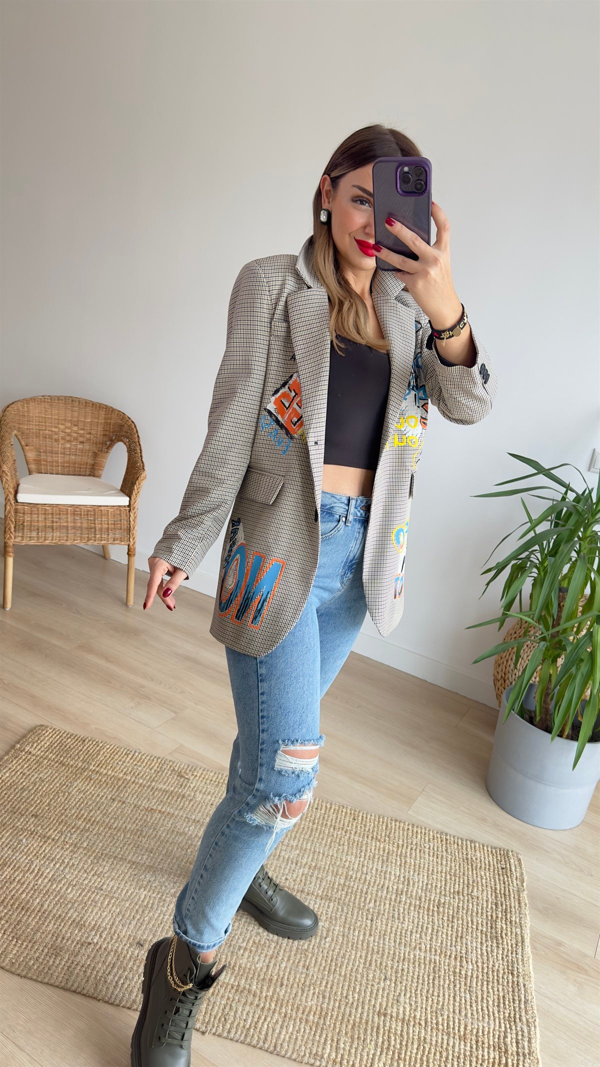 Tasarım Yazı Detaylı Blazer Ceket
