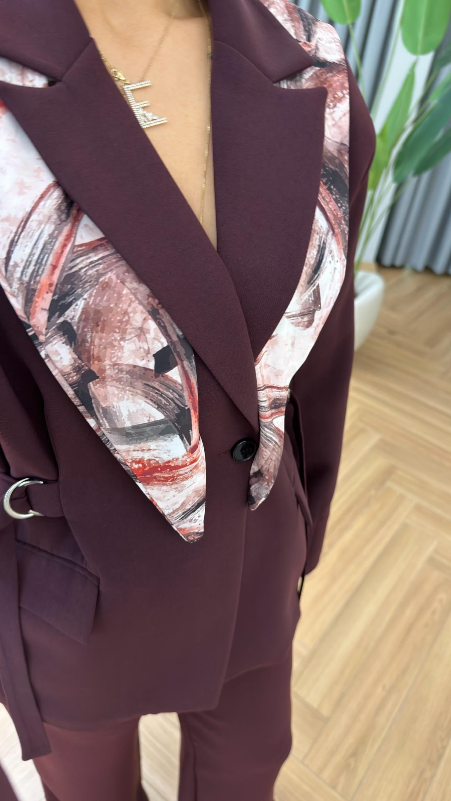 Bordo Şal Detaylı Tasarım Blazer Takım