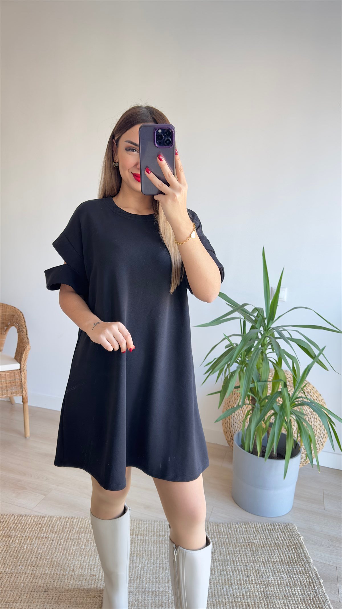 Kol Detaylı Siyah Tunik Elbise 