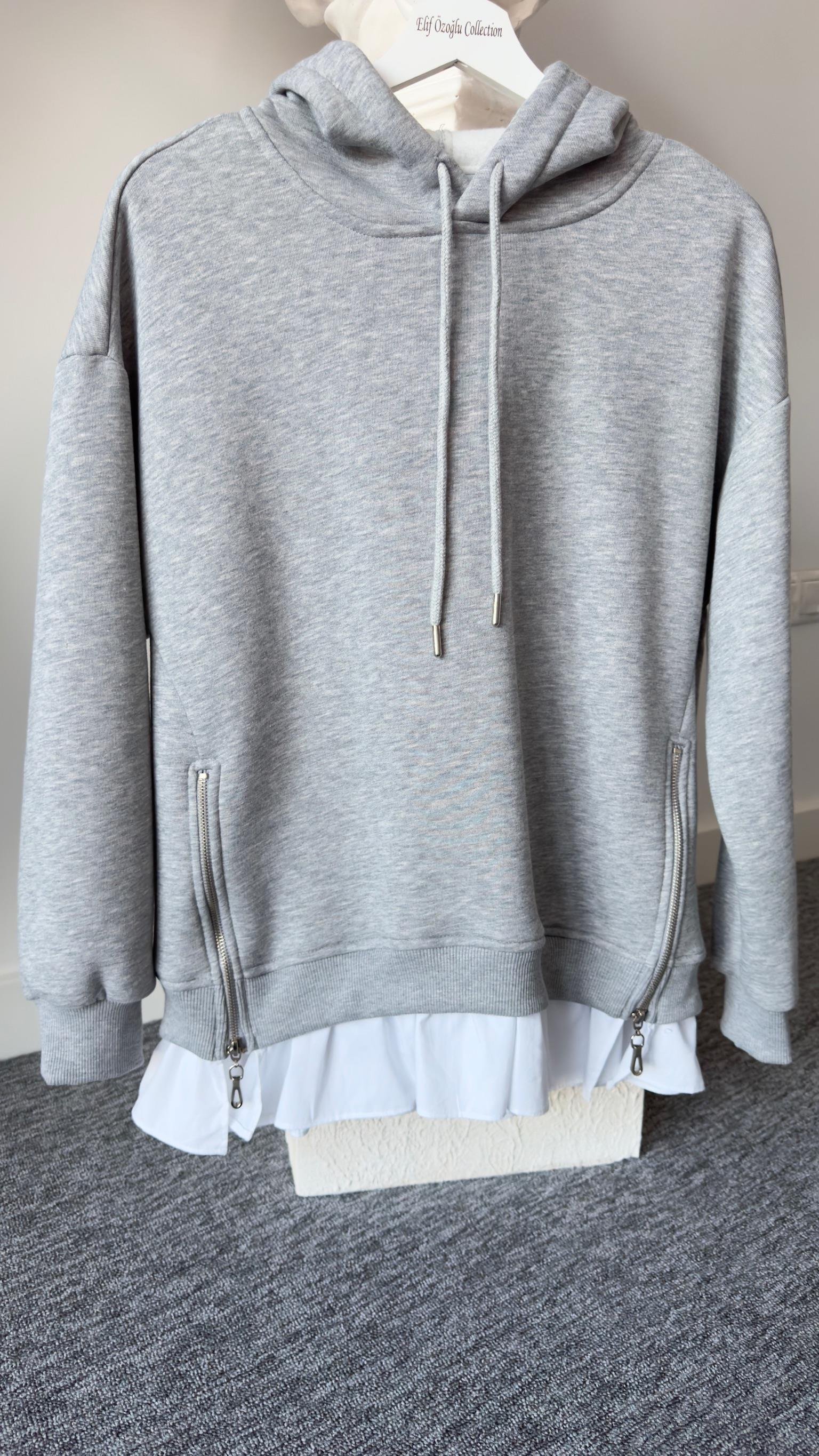 Altı Poplin Detay Yanlar Fermuarlı Gri Sweat