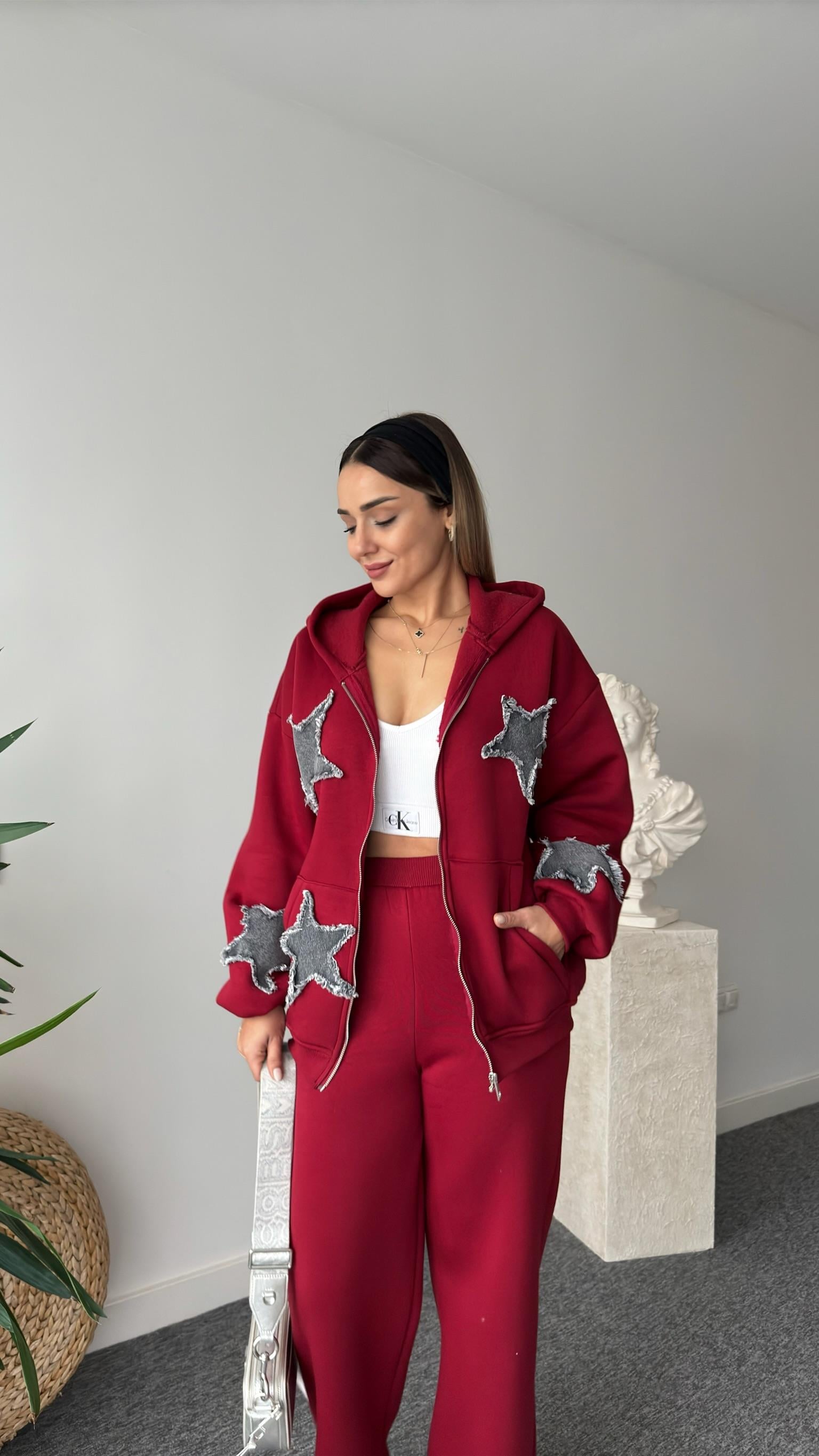Denim Yıldız Detaylı Bordo Tasarım Takım