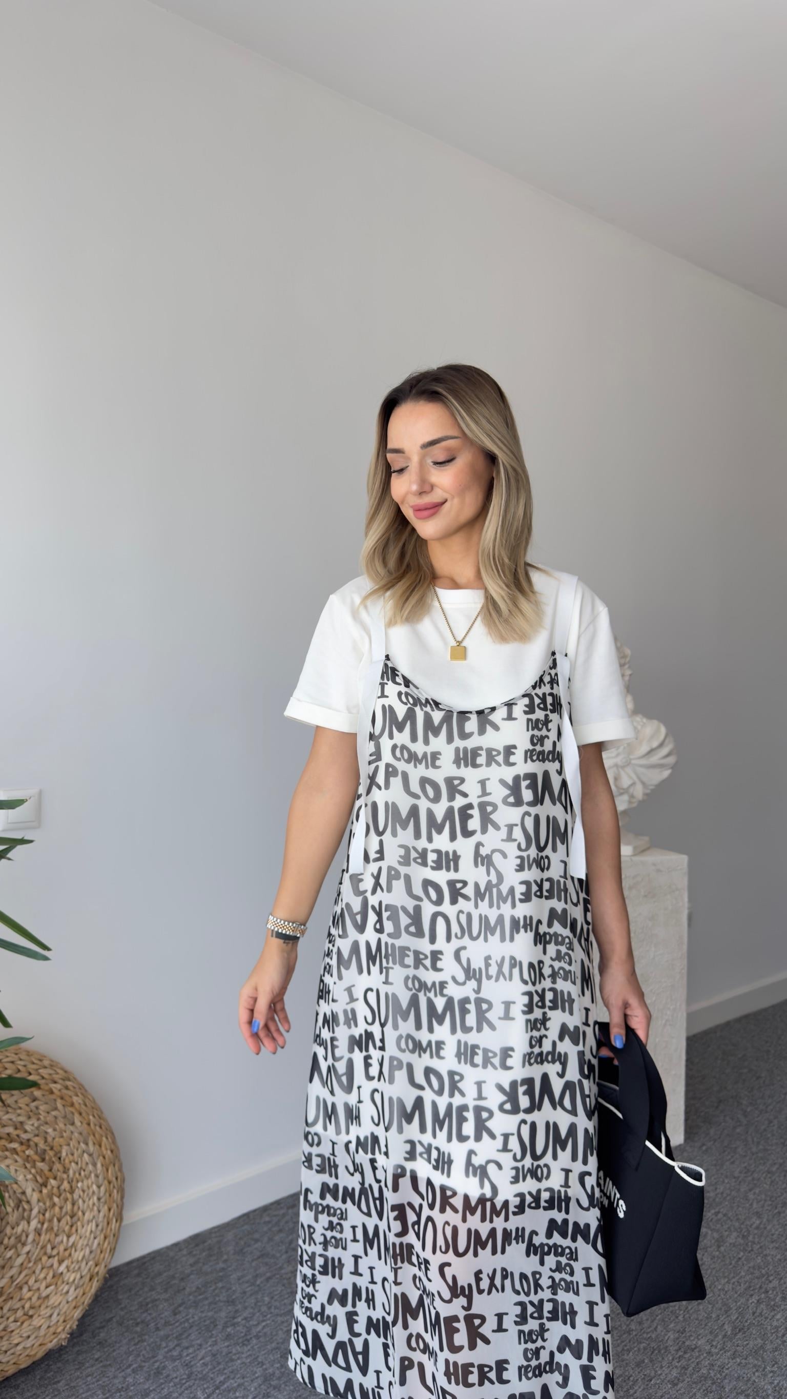 Tws Model Yazı Detaylı İkili Beyaz Elbise