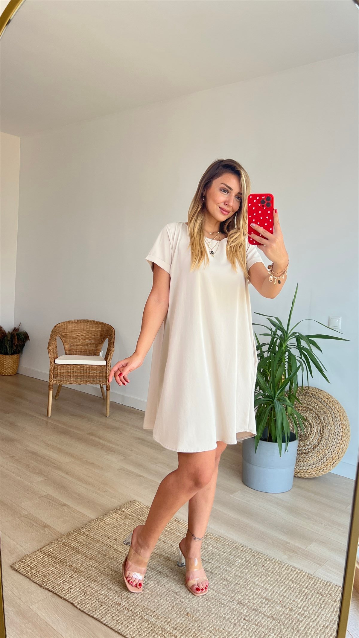Sırtı Pile Detaylı Taş Basic Elbise