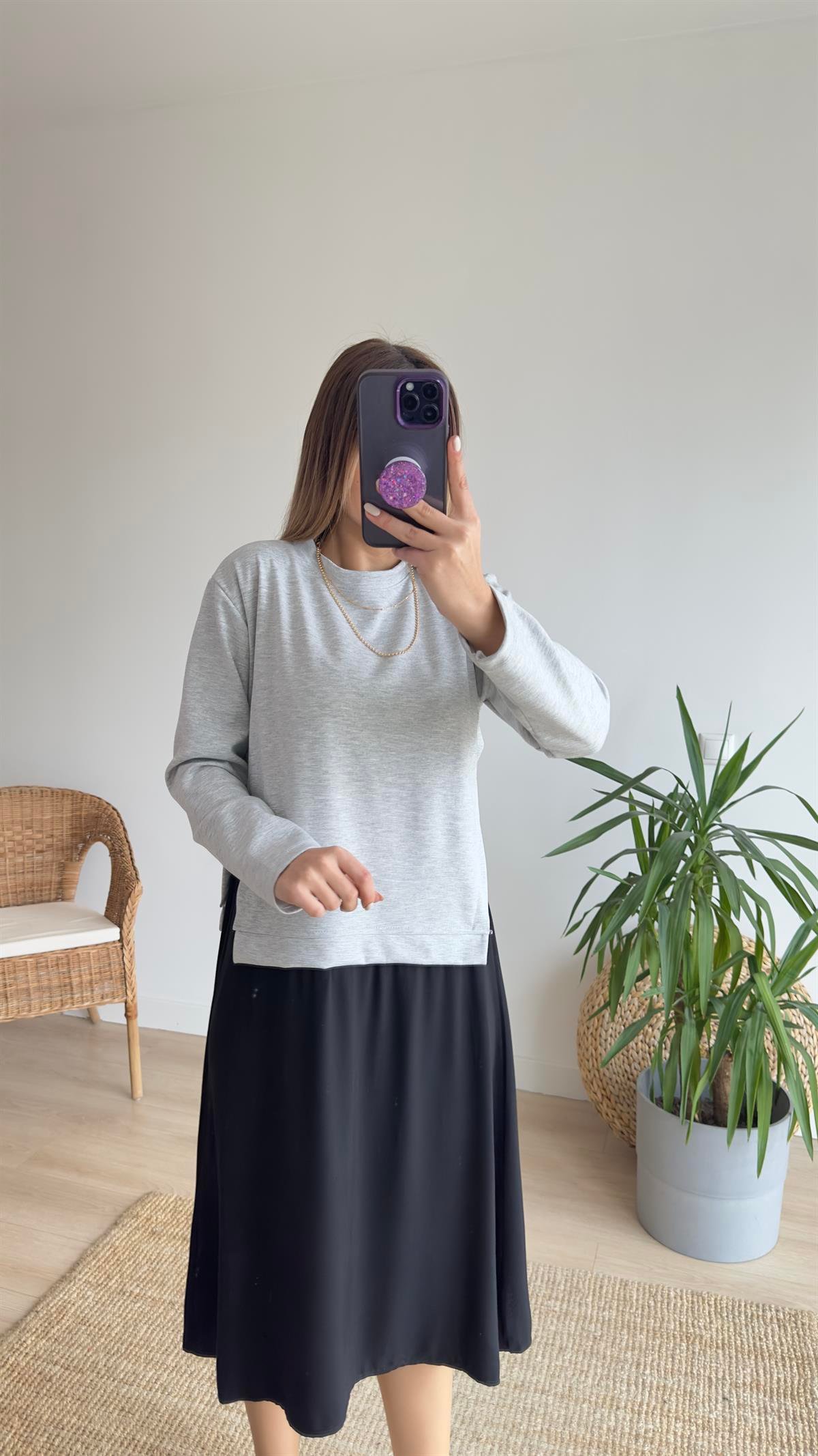 Viskon Detaylı Gri Sweat Elbise 