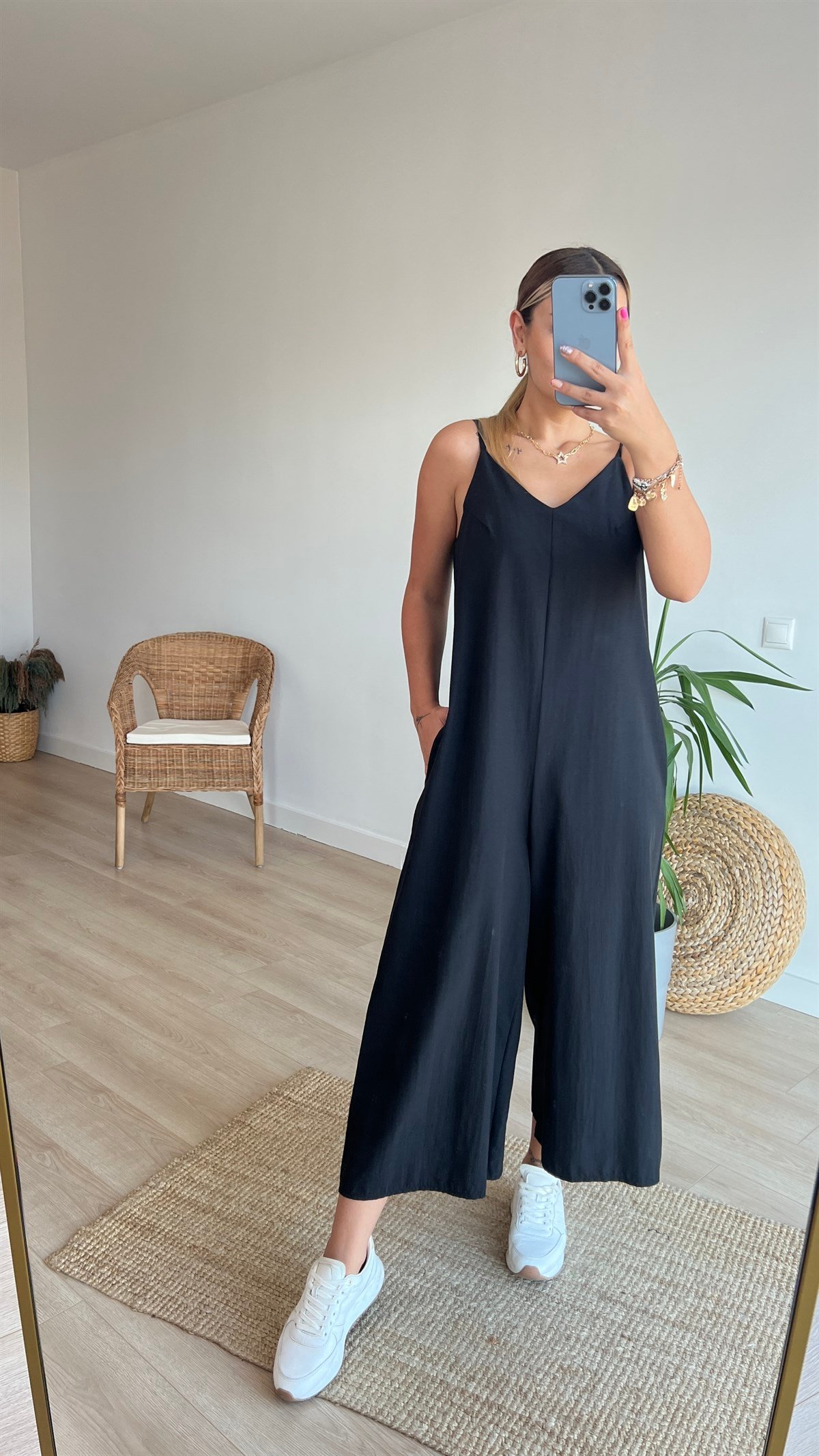 Askılı Siyah Poplin Tulum