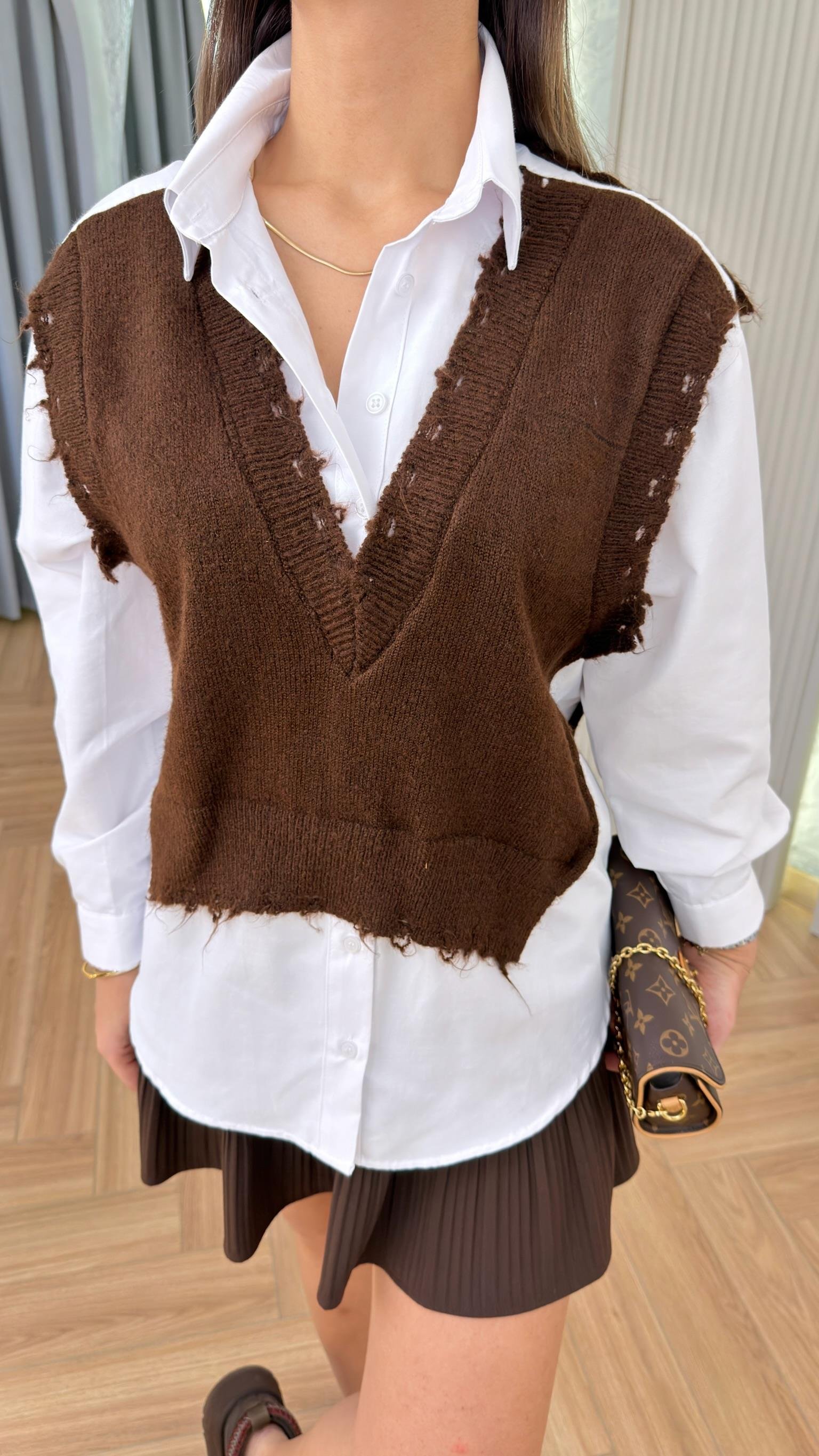 Kahve Triko Detaylı Tws Model Poplin Gömlek