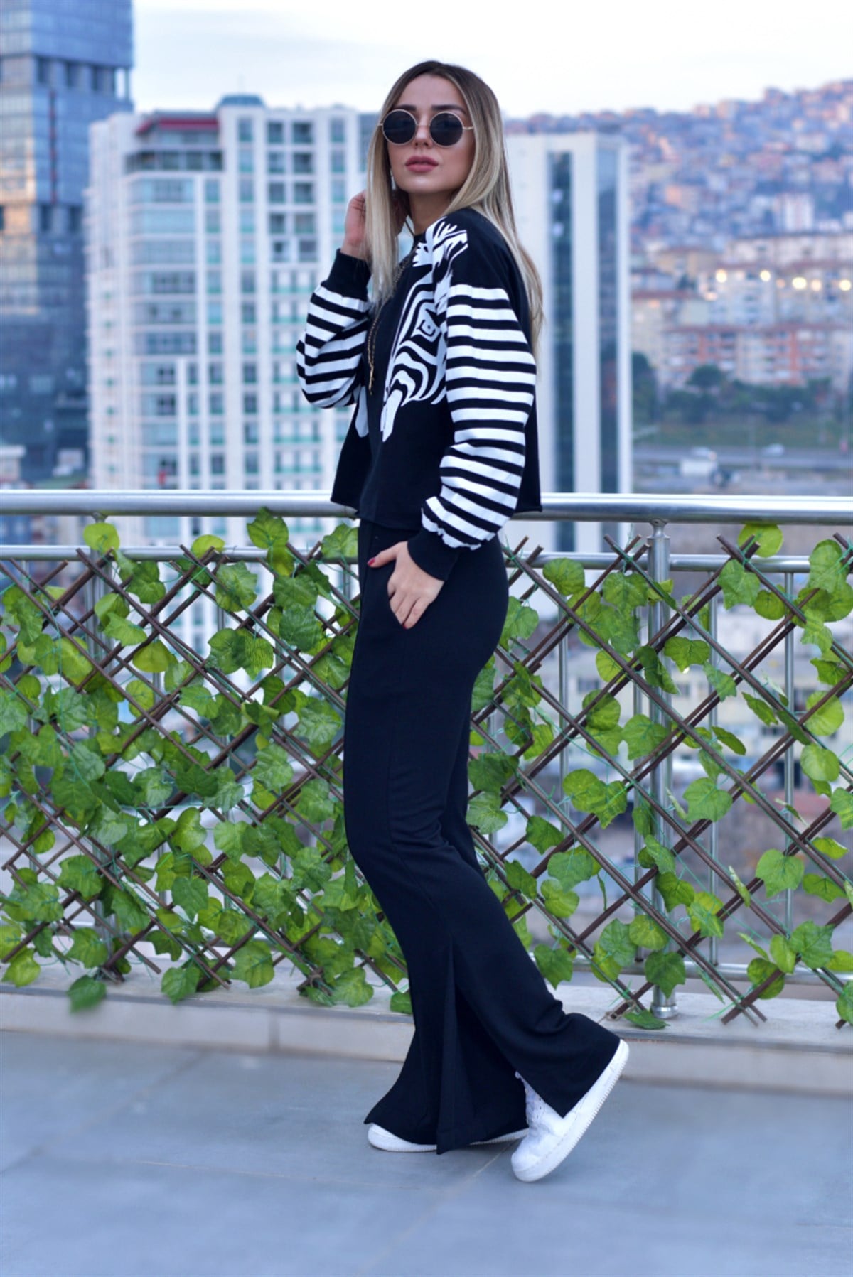 Zebra Desen Siyah Sweatshirt
