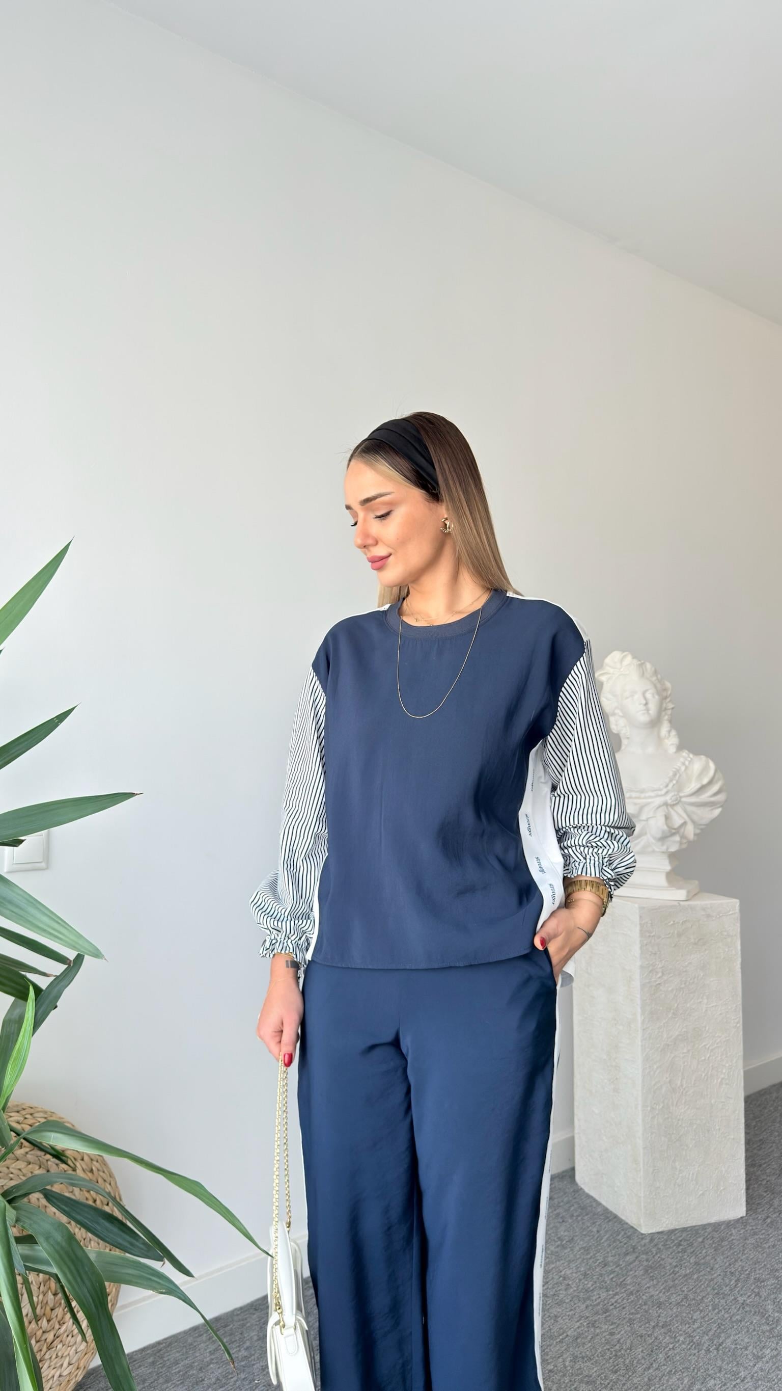 Mexa Poplin Garnili Şeritli Sweatshirt