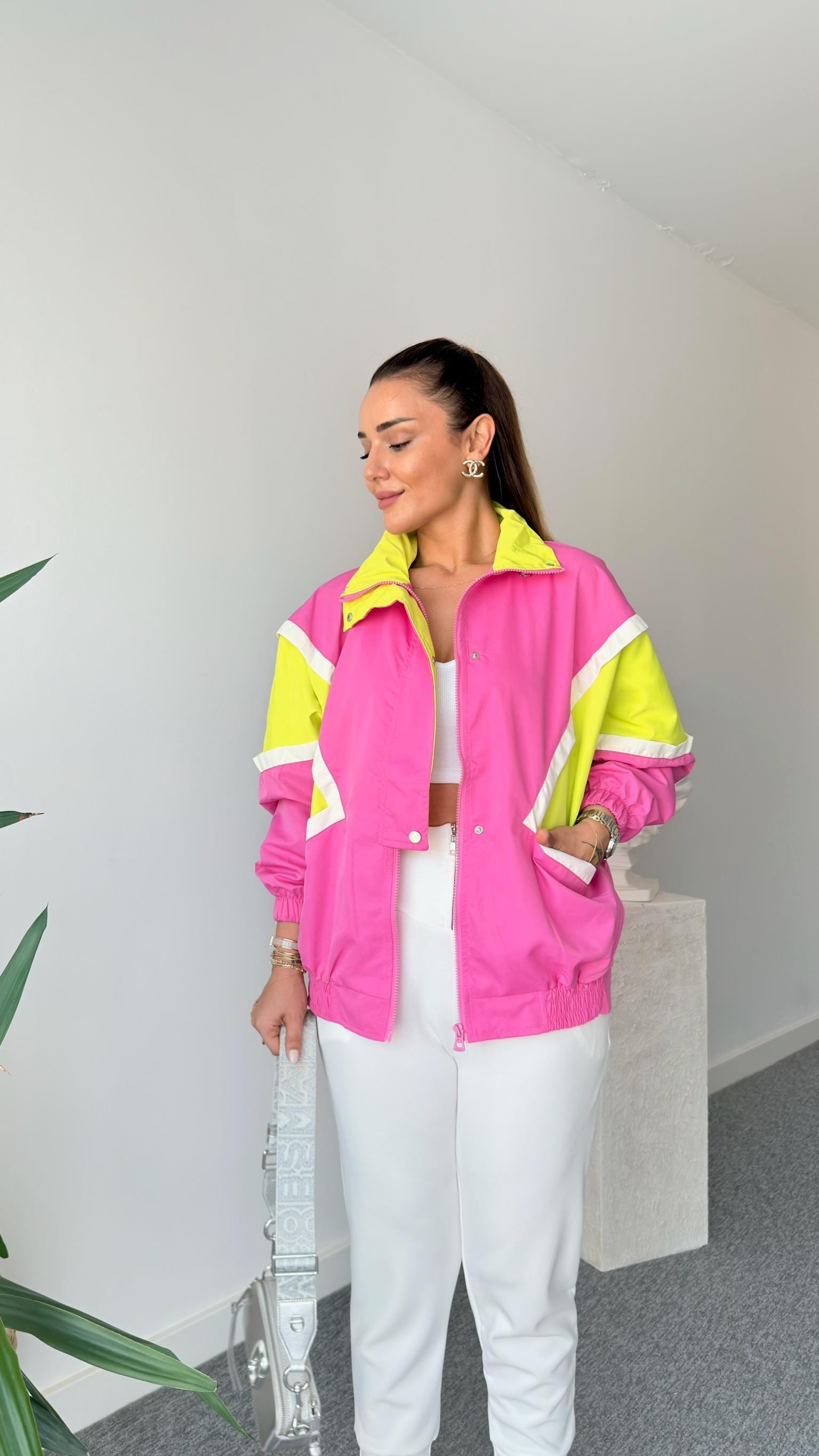 Romo Şerit Detaylı Pembe Paraşüt Ceket