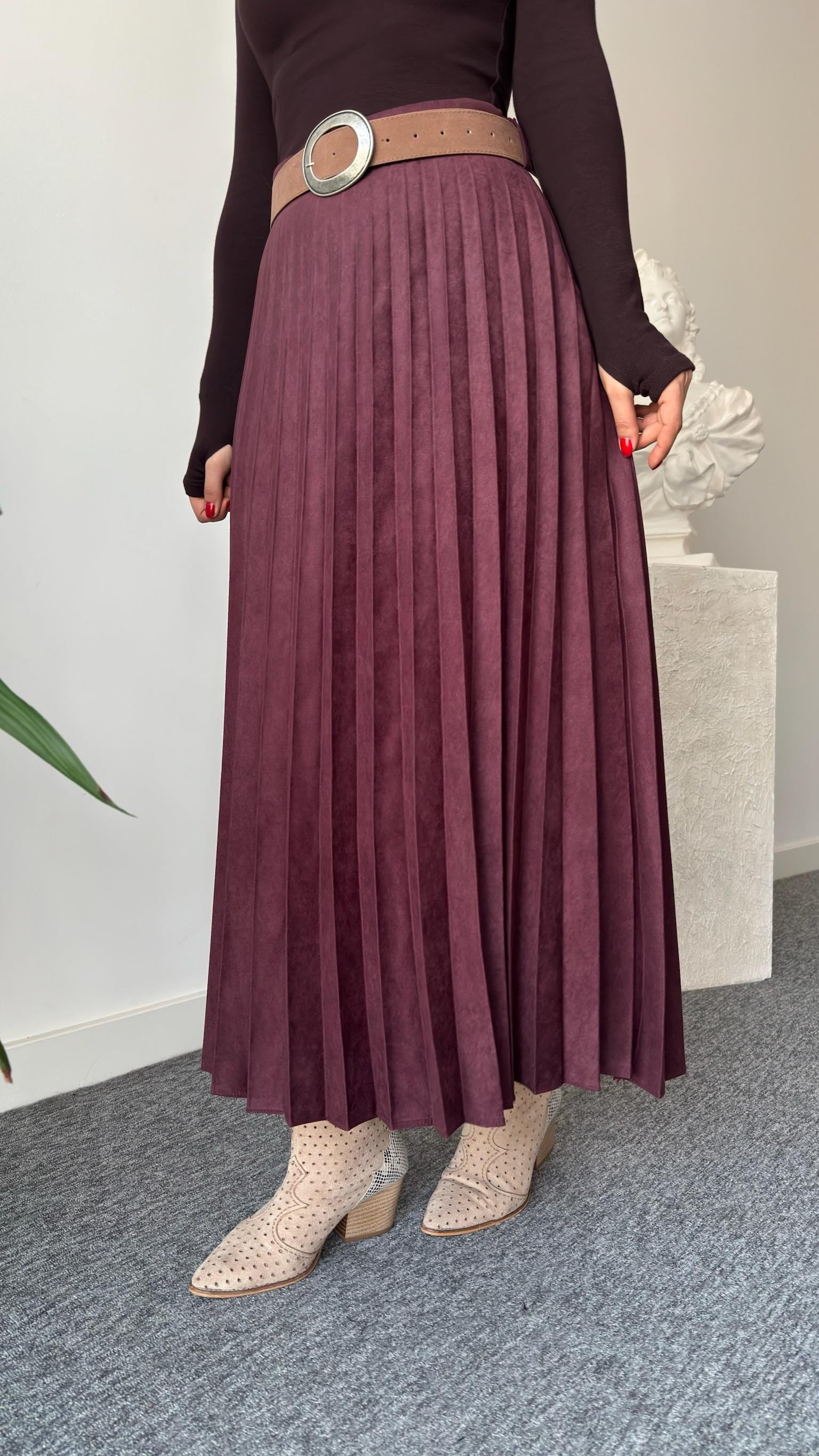Bordo Nole Zra Model Piliseli Süet Etek