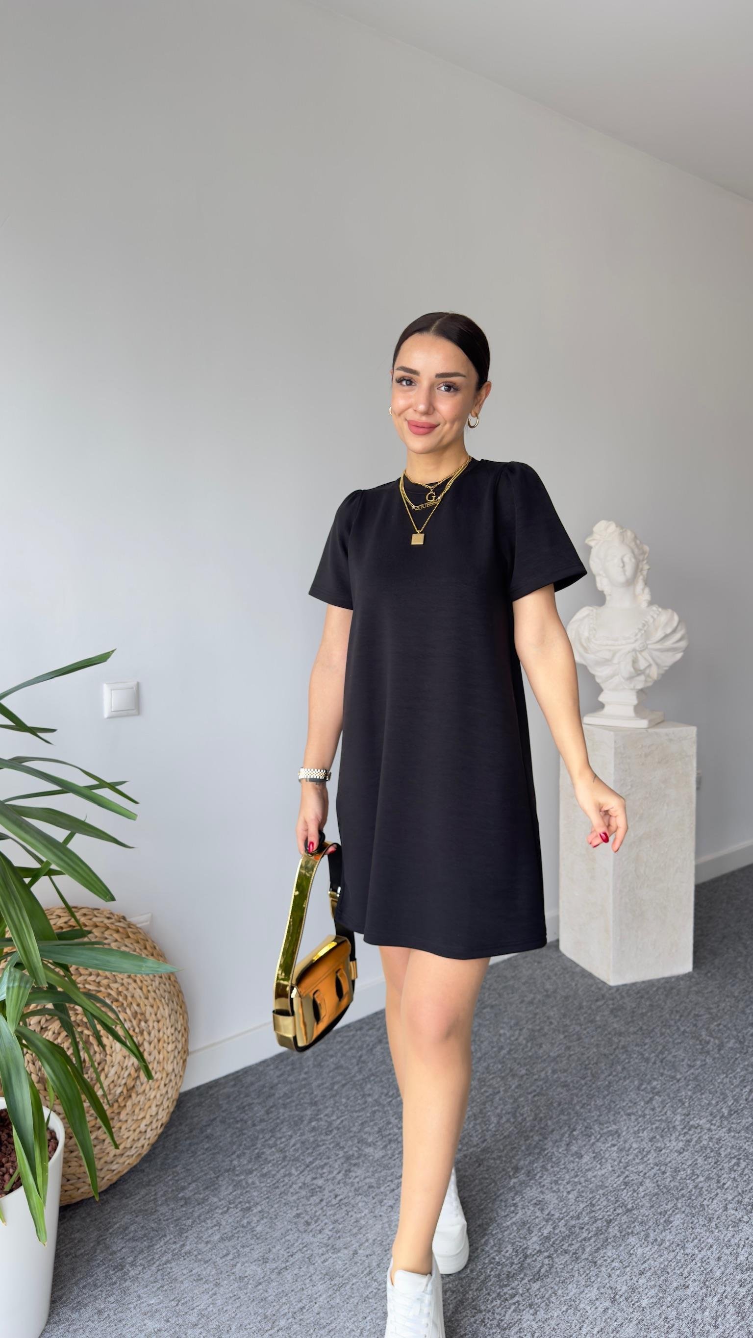 Kollar Volanlı Siyah Modal Elbise 