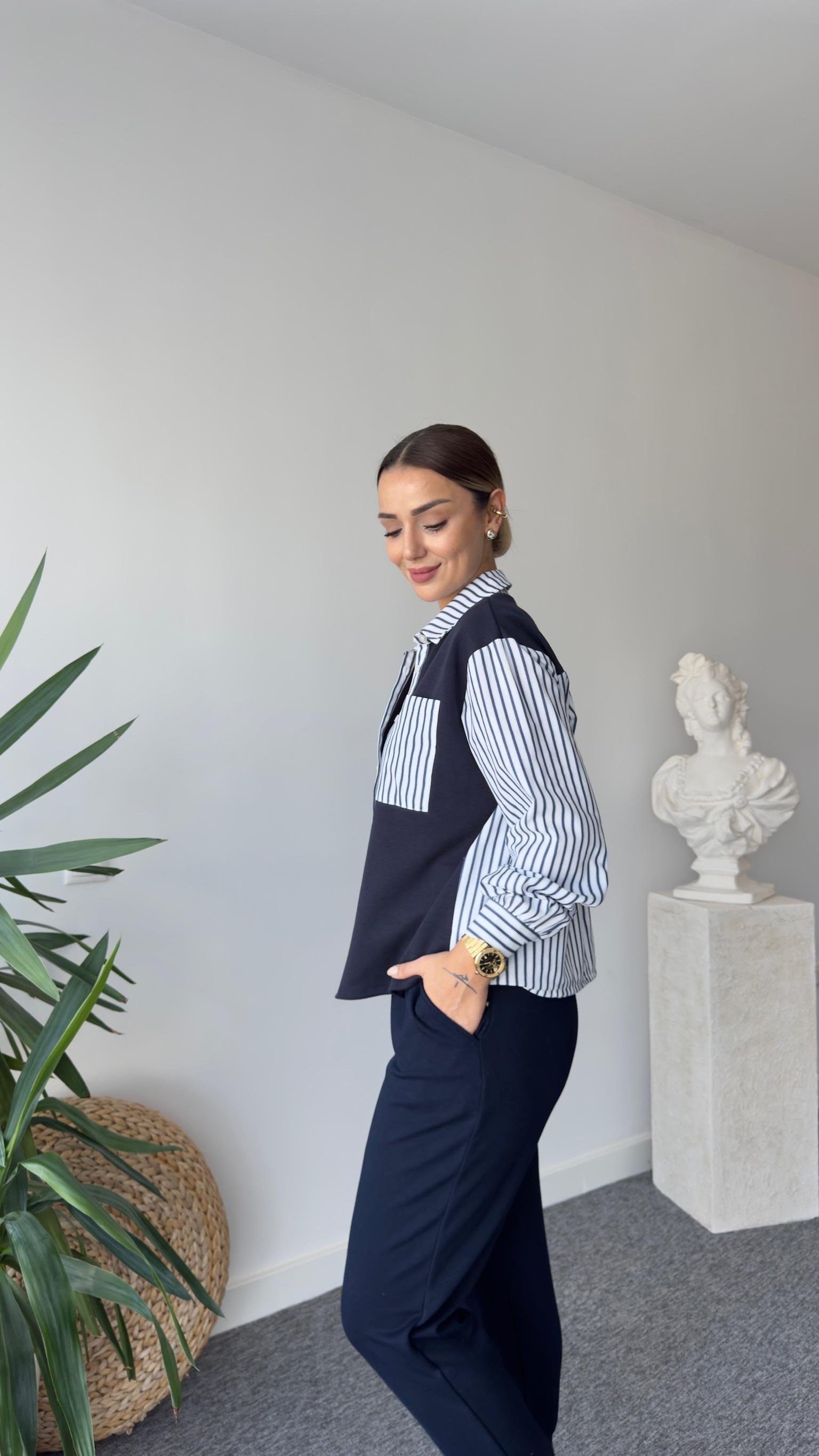 Ezela Çizgili Poplin Garnili Sweatshirt