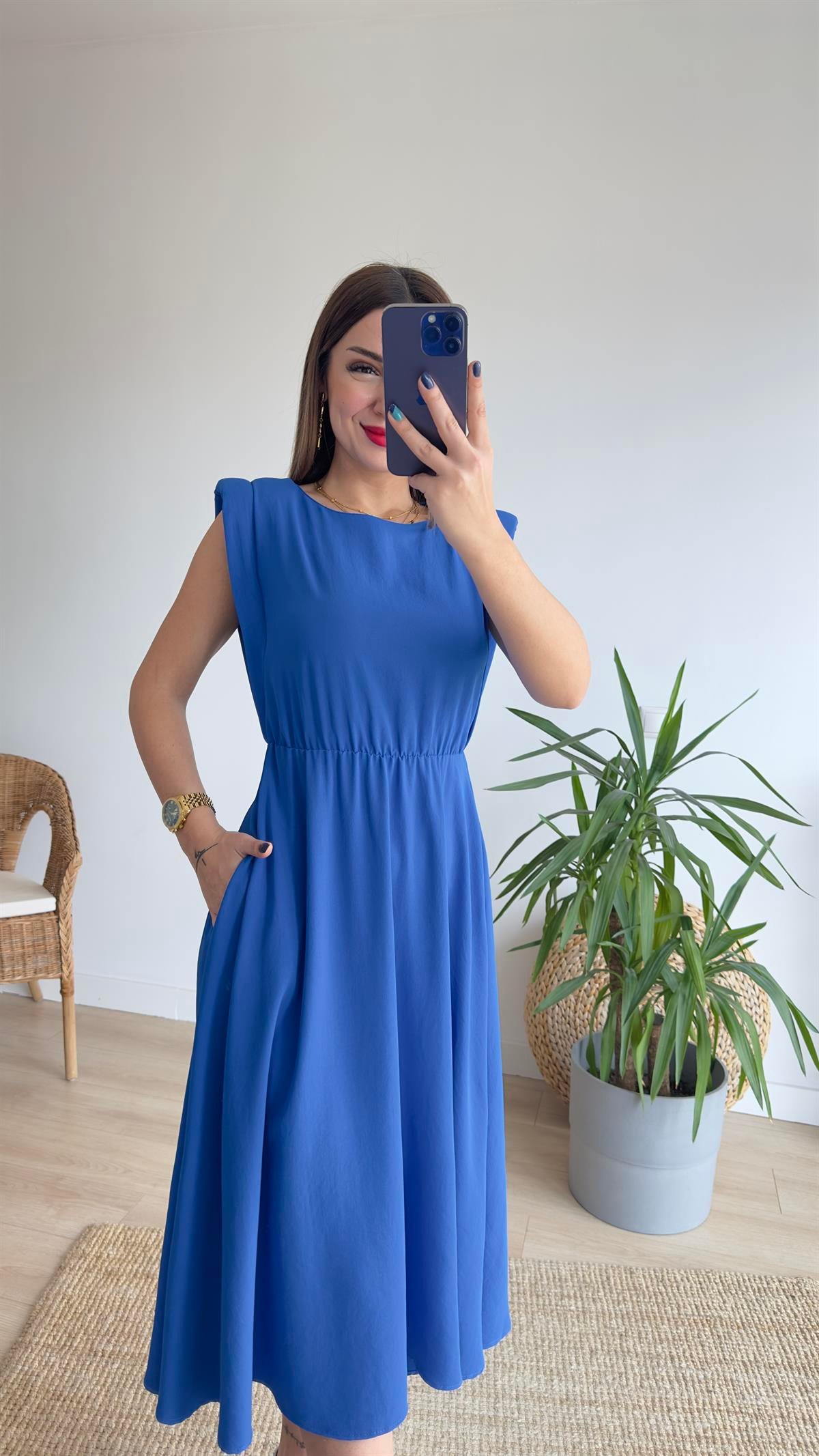 Beli Lastikli Vatkalı Mavi Basic Elbise 