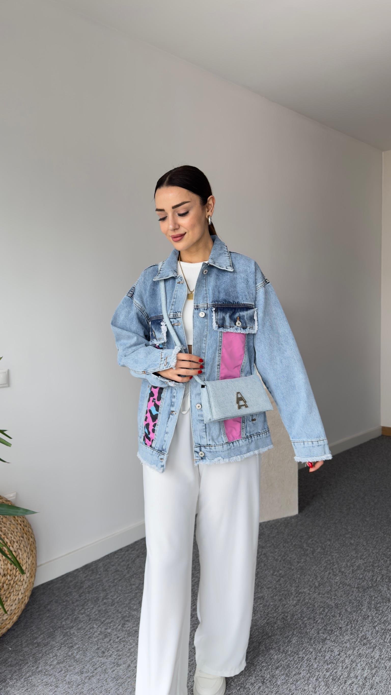 Lera Pembe Leopar Detaylı Tasarım Jean Ceket