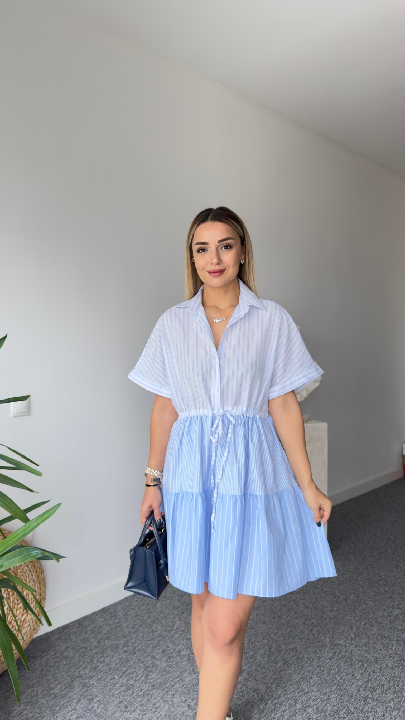 Glio Bel Büzgülü Çizgili Poplin Elbise 
