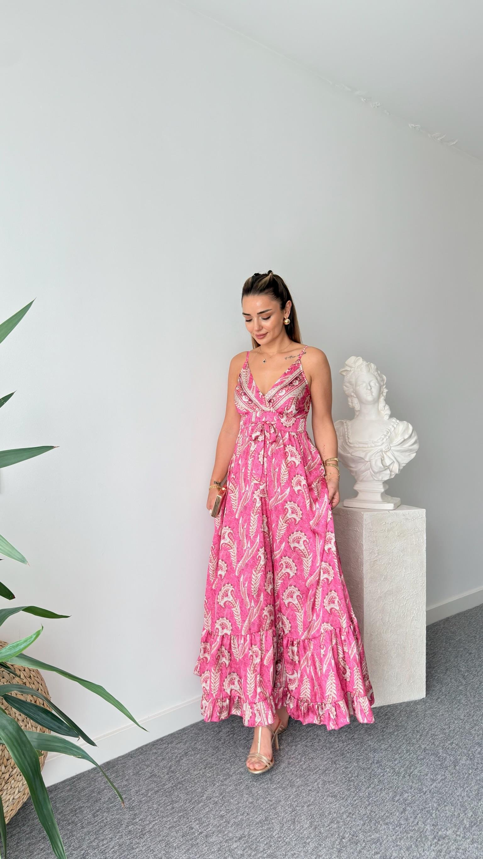 Pembe Etnik Desen Saten Premium Elbise