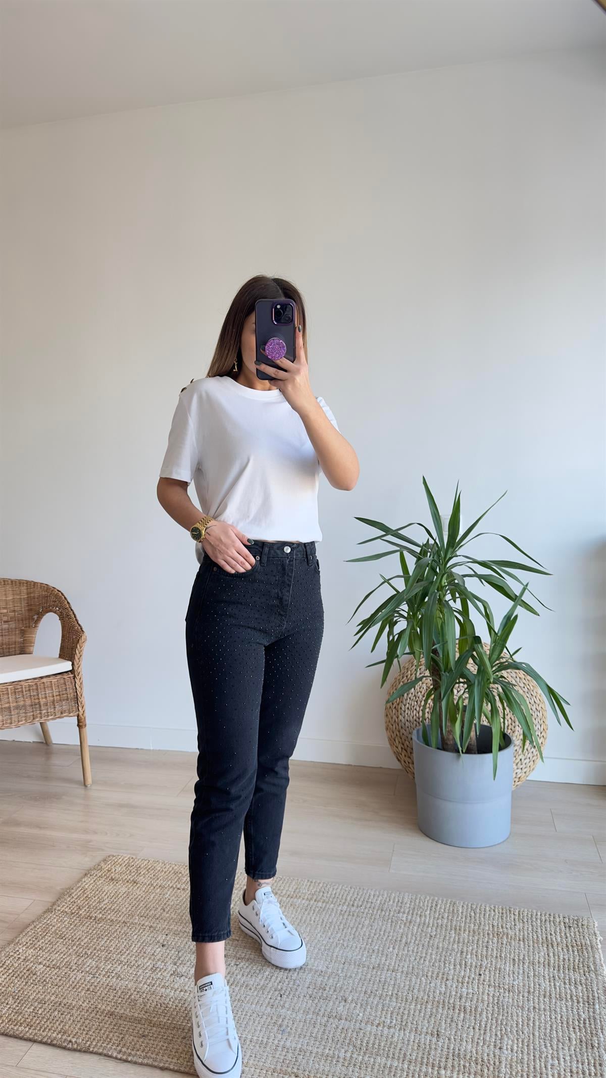 Taş Detaylı Antrasit Jean