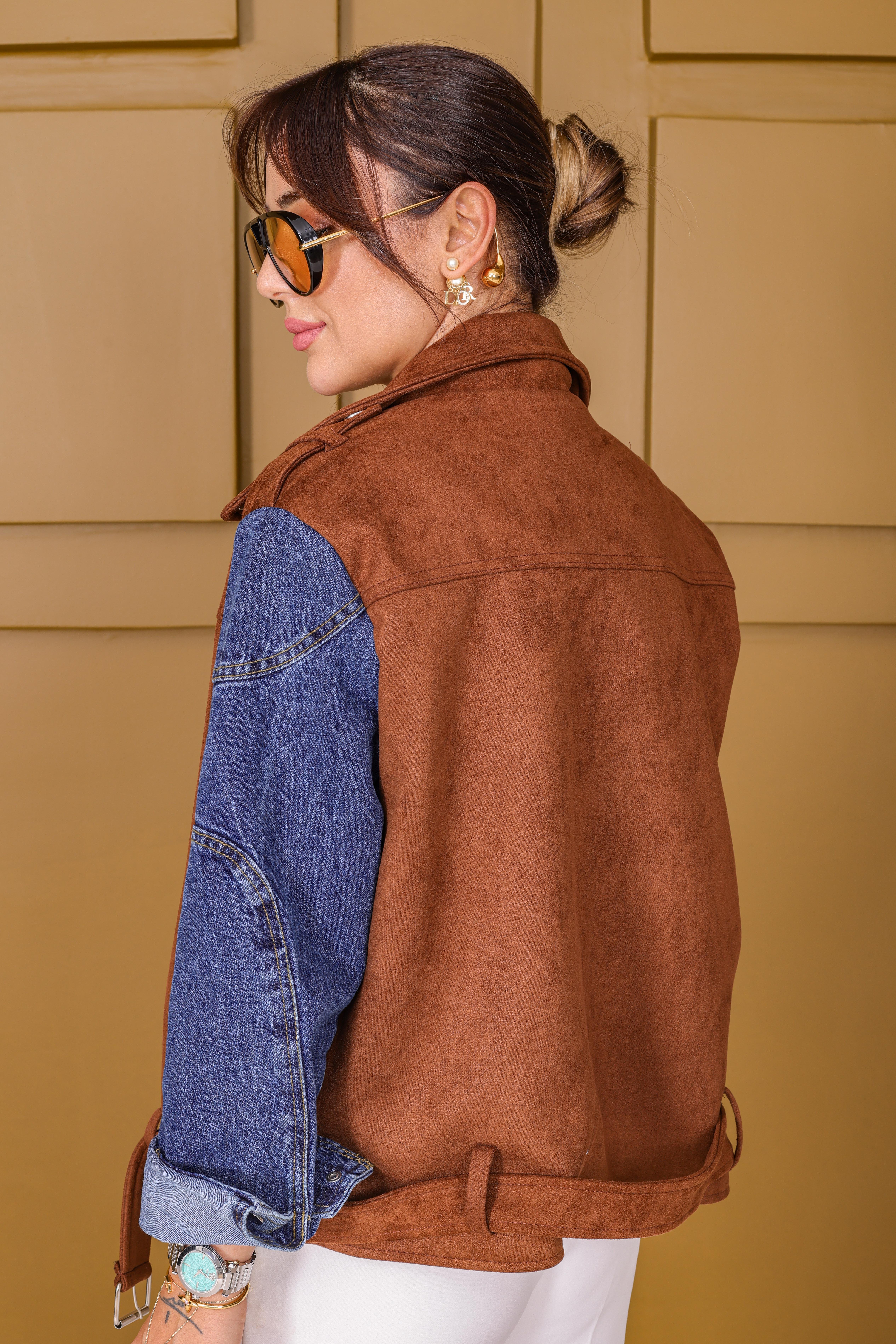 Denim Kol Detaylı Premium Süet Ceket