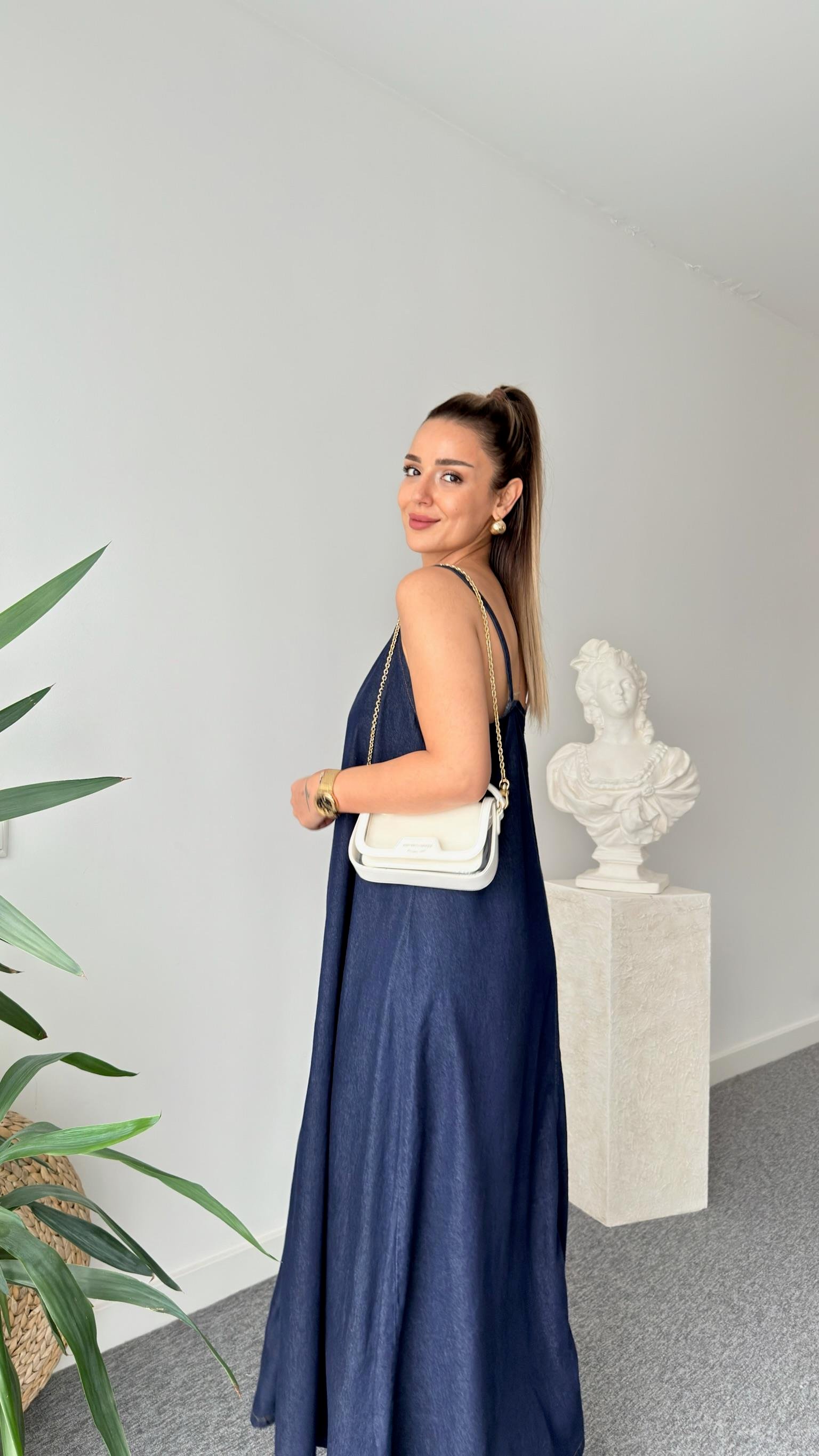 Lacivert Liyega Askılı Kot Elbise 
