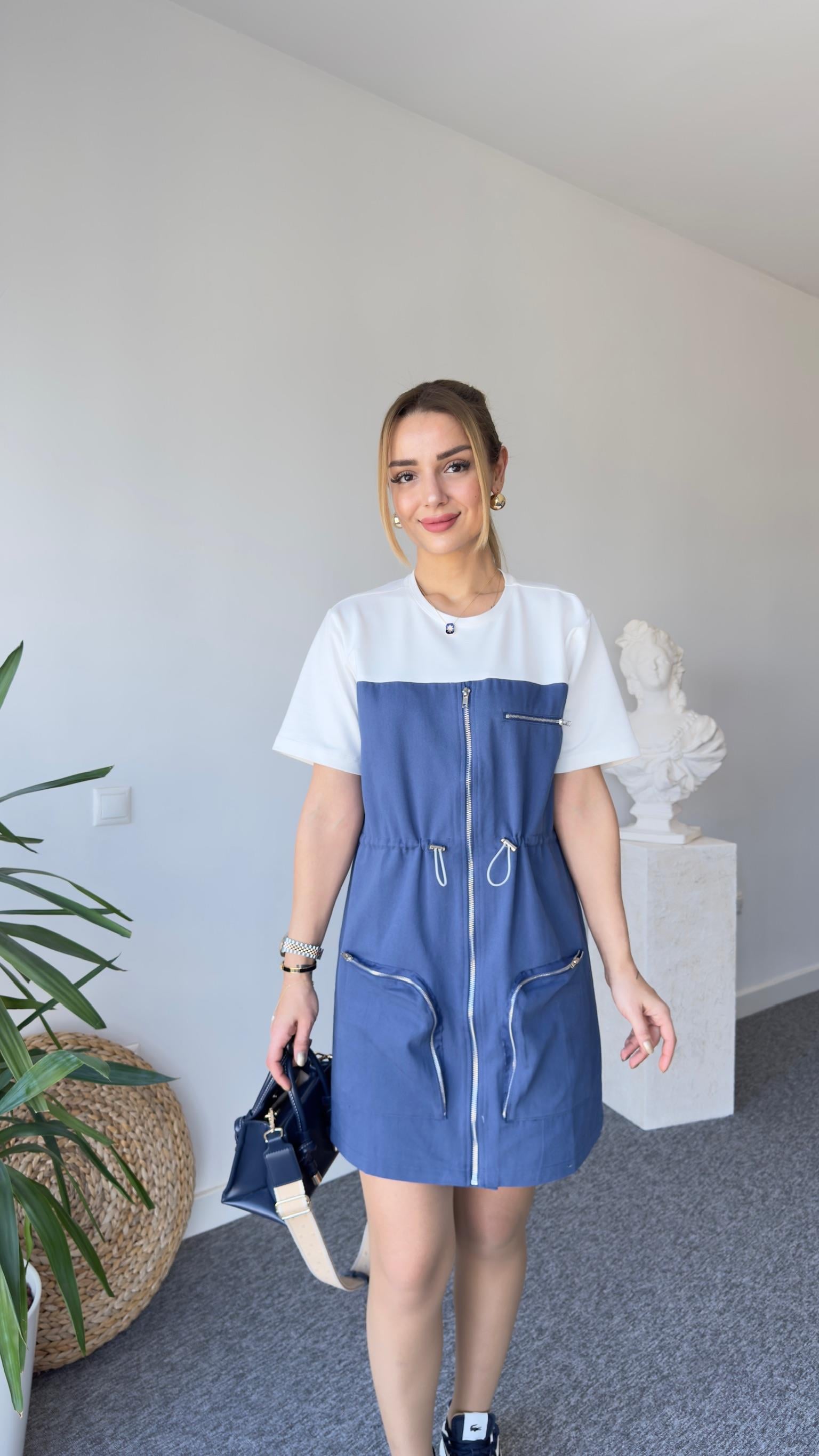 Derno Tshirt Detaylı Mavi Gabardin Elbise 