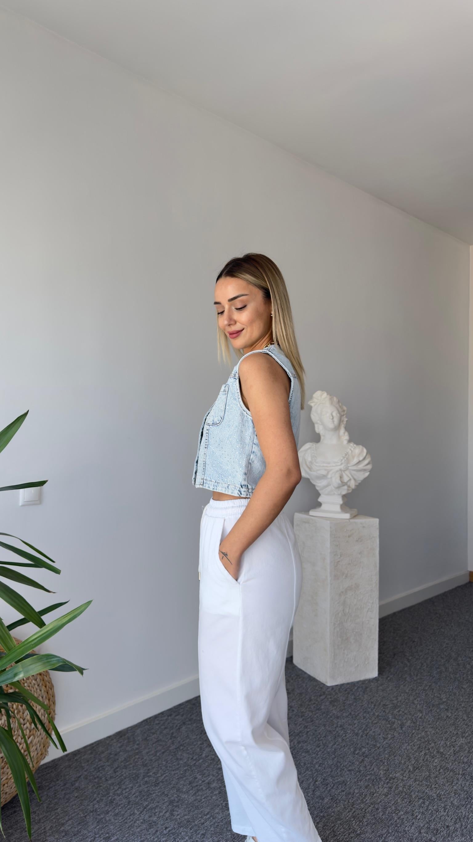 Taş Baskılı Denim Yelek