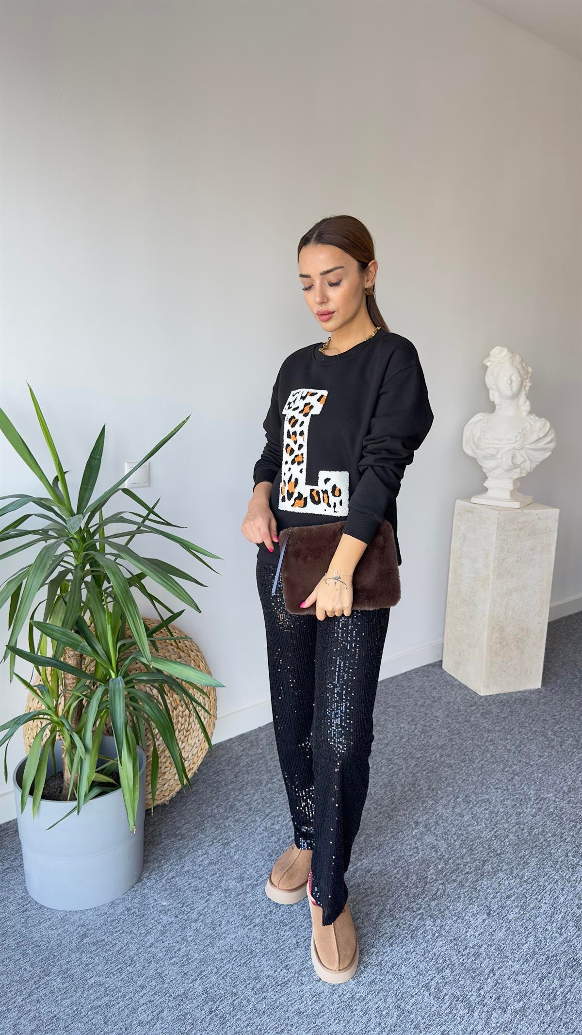 L Baskı Leopar Detay Siyah Zra Sweat