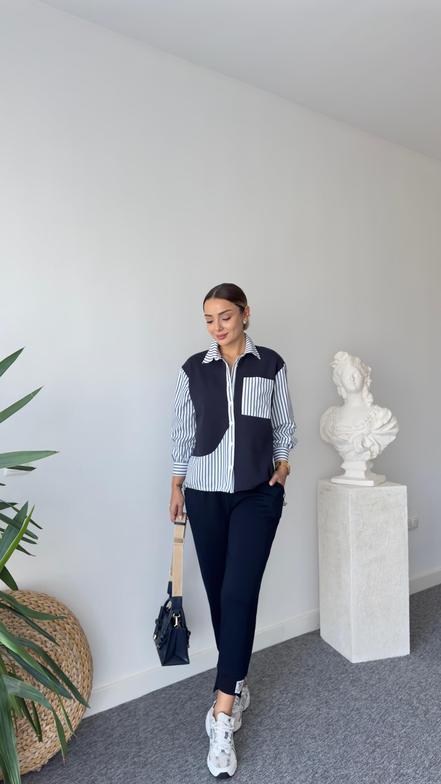 Ezela Çizgili Poplin Garnili Sweatshirt