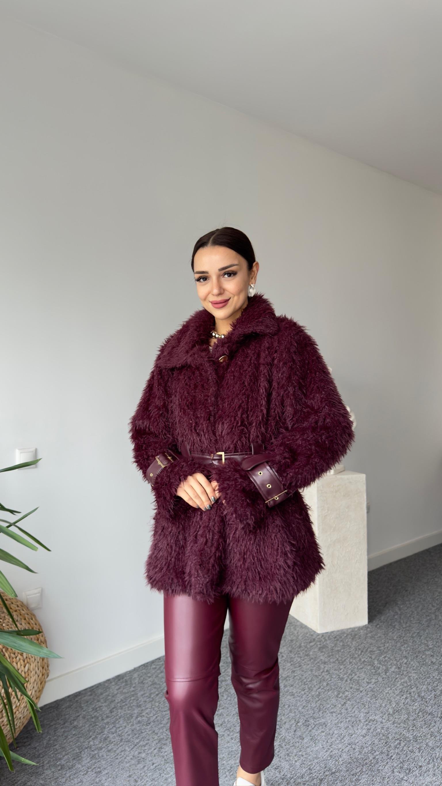 Premıum Deri Detaylı Bordo Peluş Mont (Ön Sipariş Ürünü)