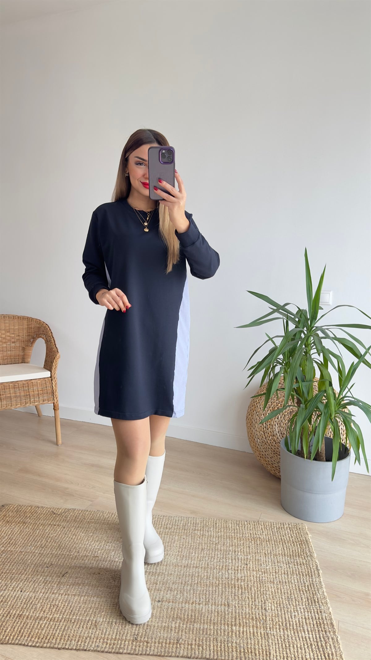 Sırtı Poplin Lacivert Basic Elbise 