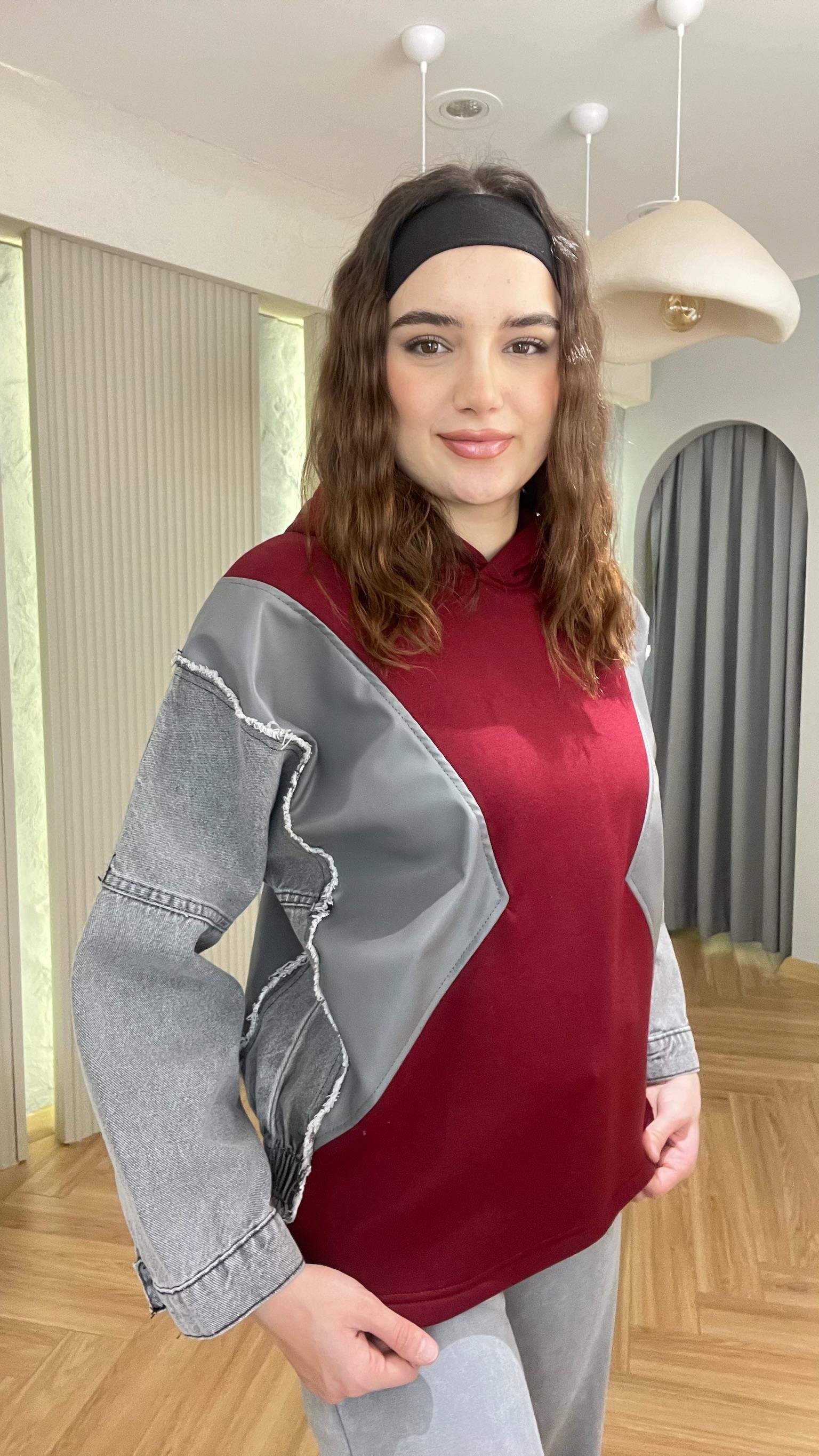 Bordo Kot Ve Deri Garnili Kapüşonlu Sweatshirt