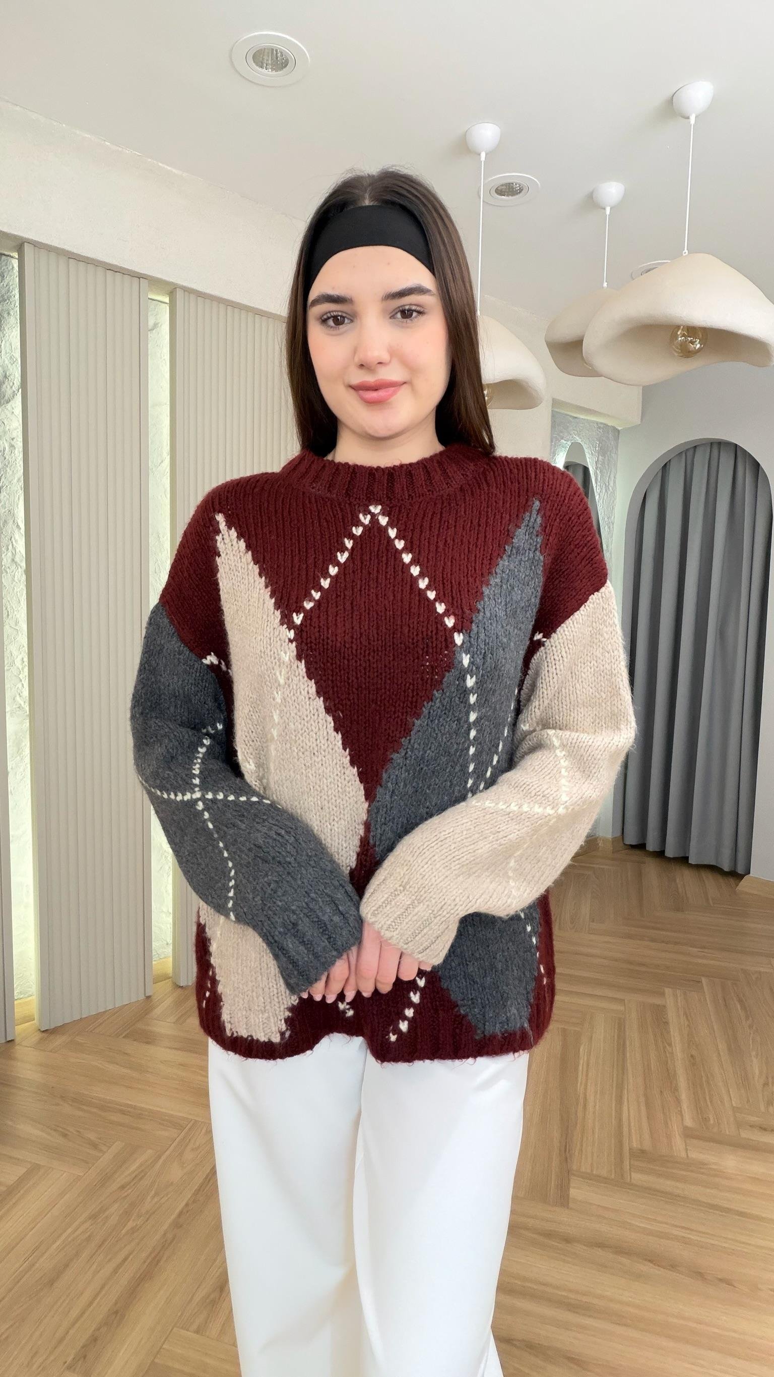 Bordo Marno Zra Model Baklava Desen Kazak