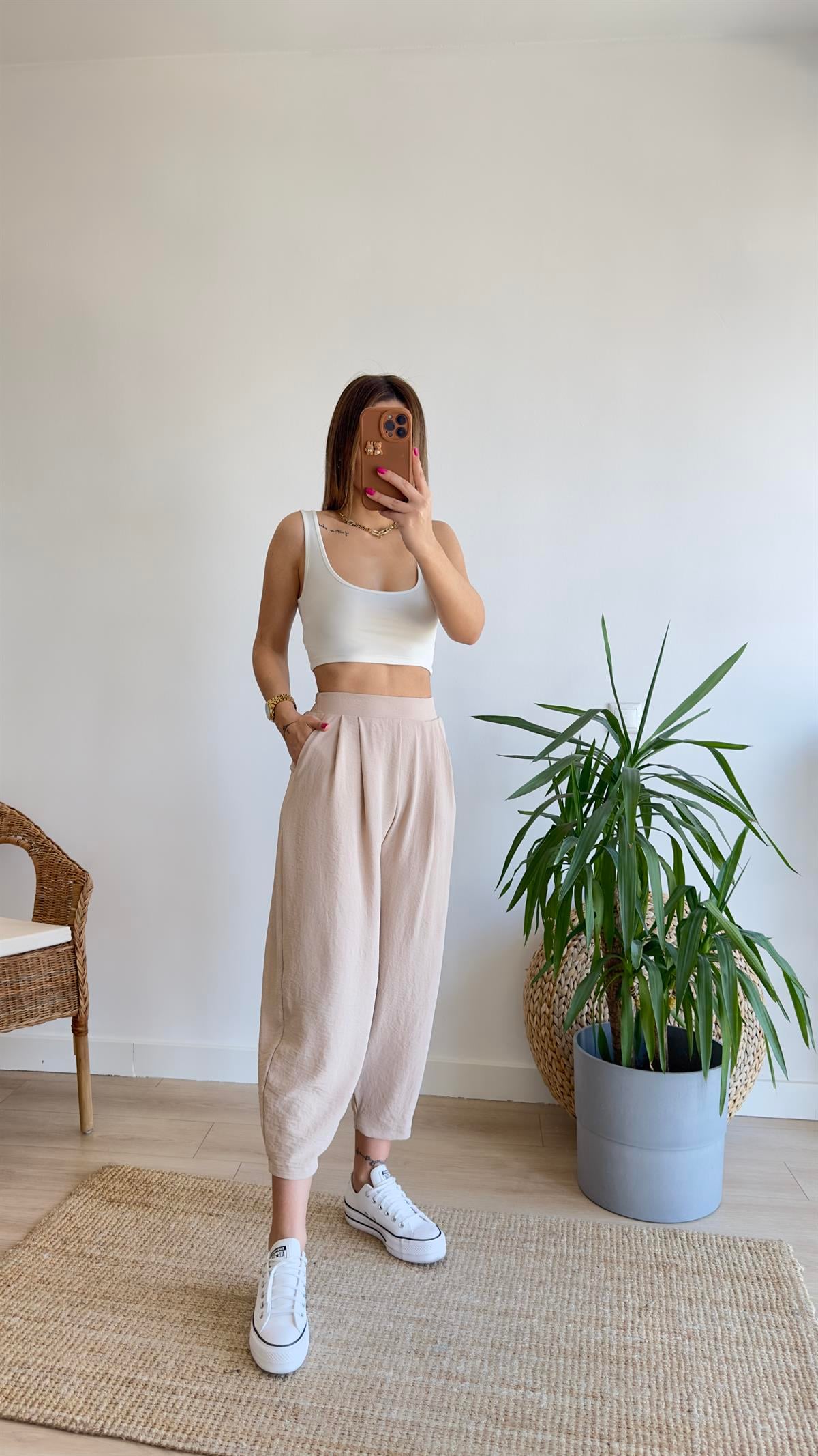 Bej Pileli Şalvar Model Pantolon