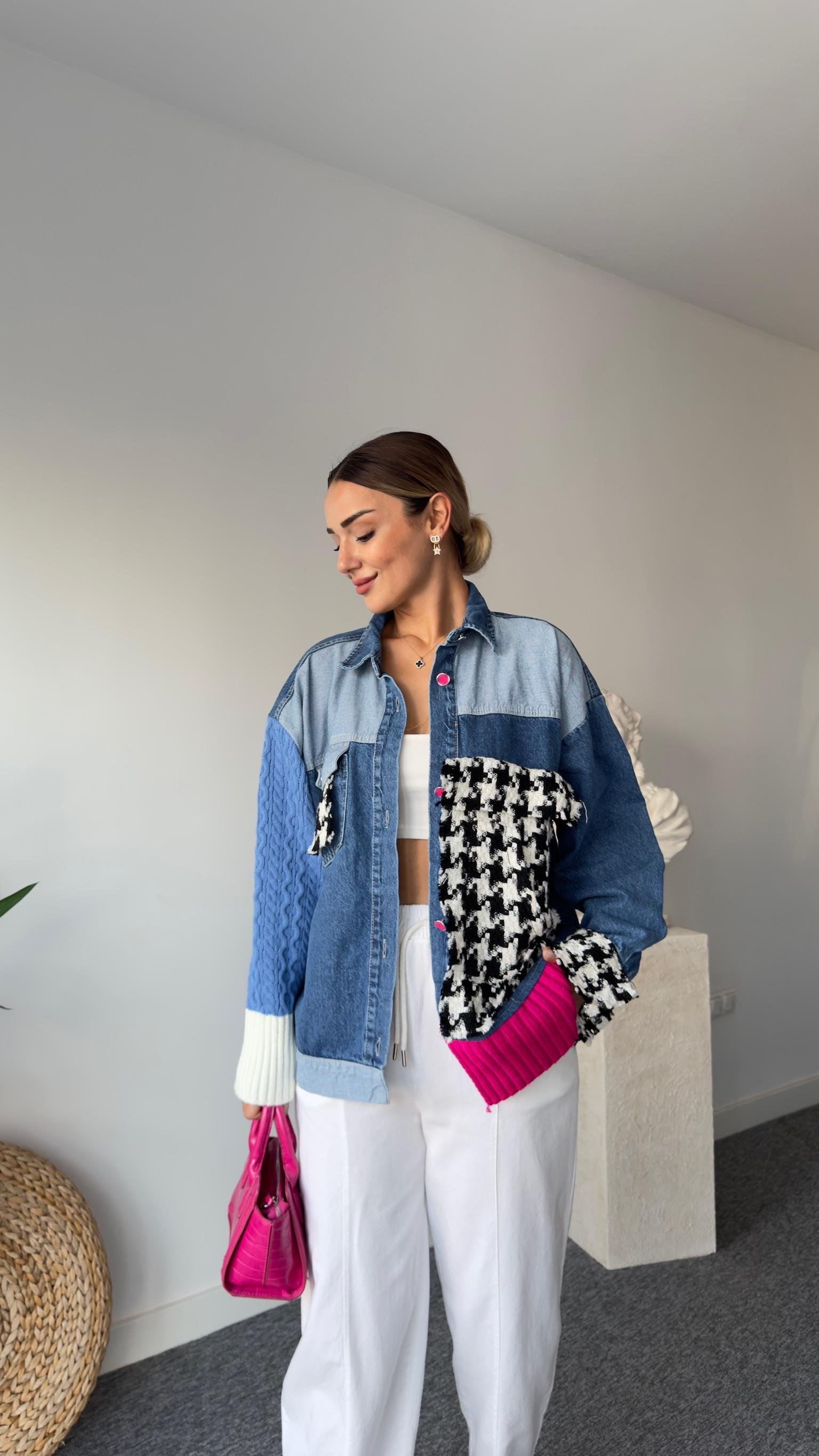 Renkli Triko Detaylı Tasarım Jean Ceket