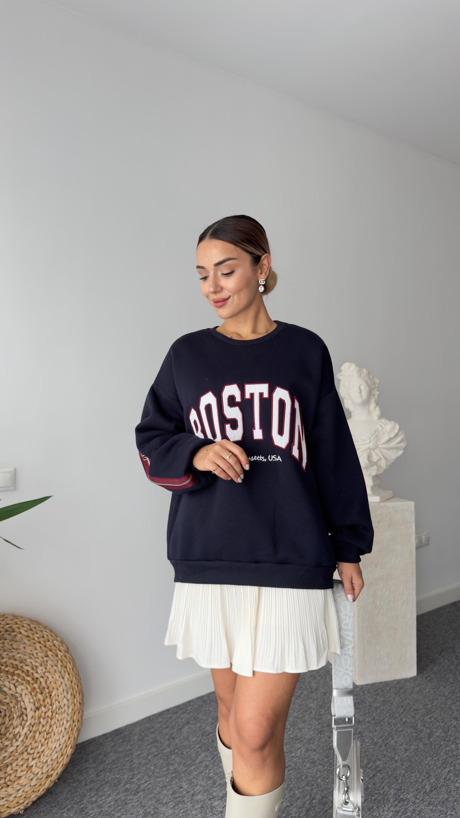 Boston Yazılı Sırt Fermuar Detay Sweatshirt