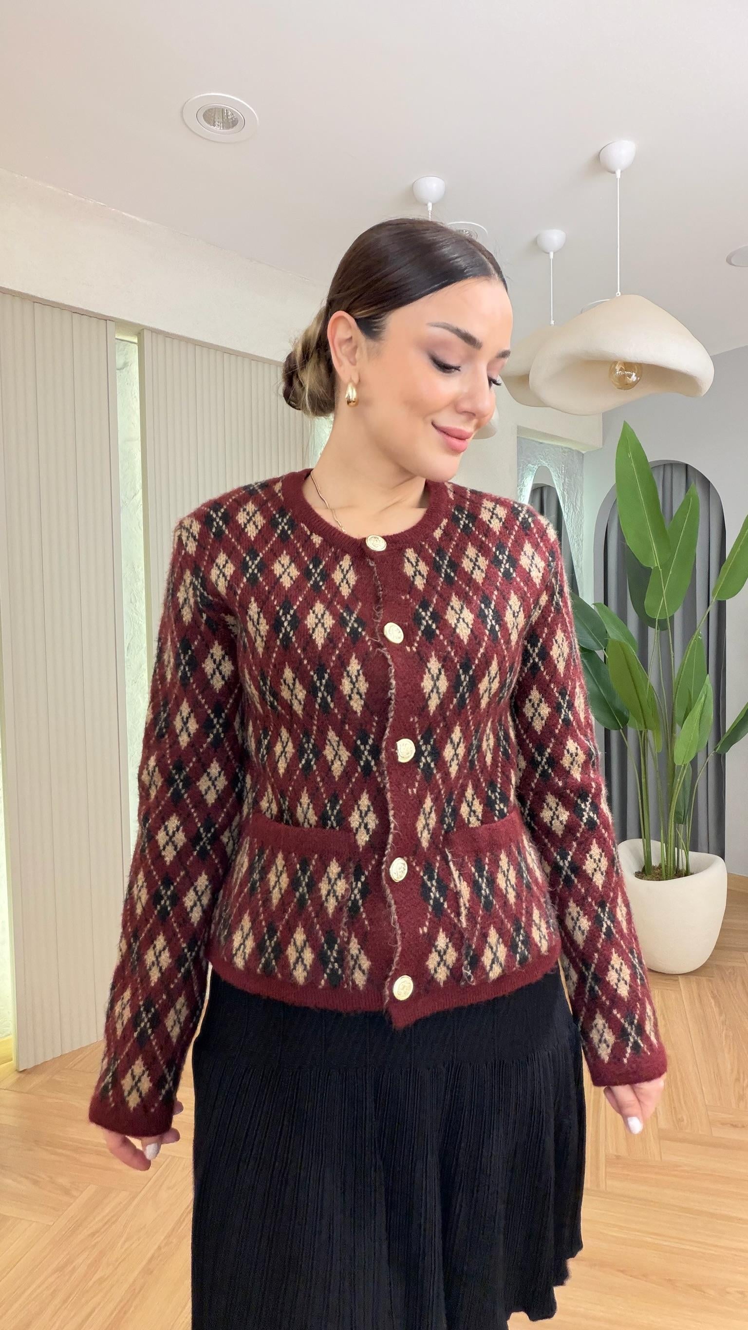 Bordo Gold Düğme Önden Cepli Triko Hırka