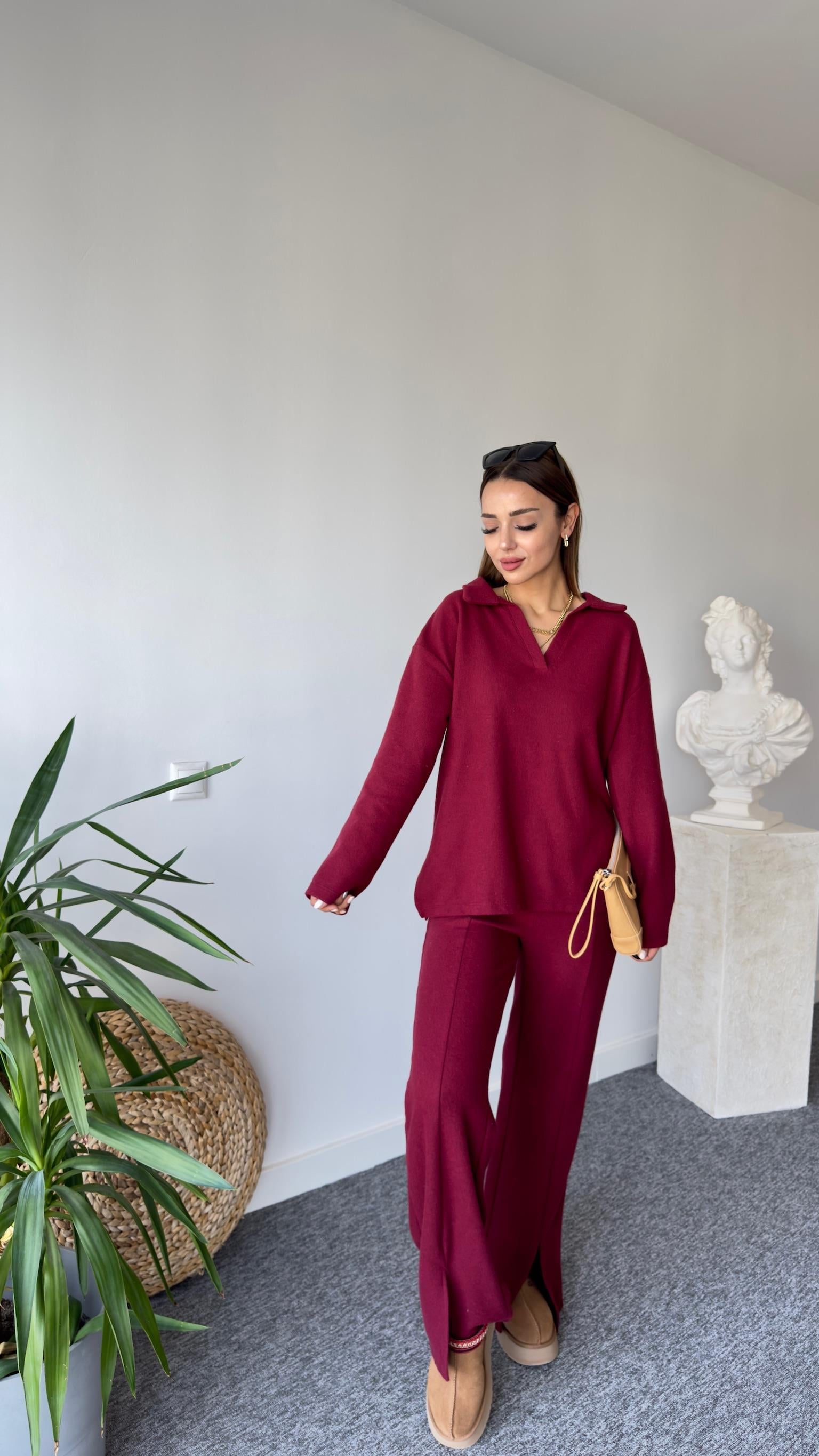 Polo yaka Paça Yırtmaçlı Bordo Takım