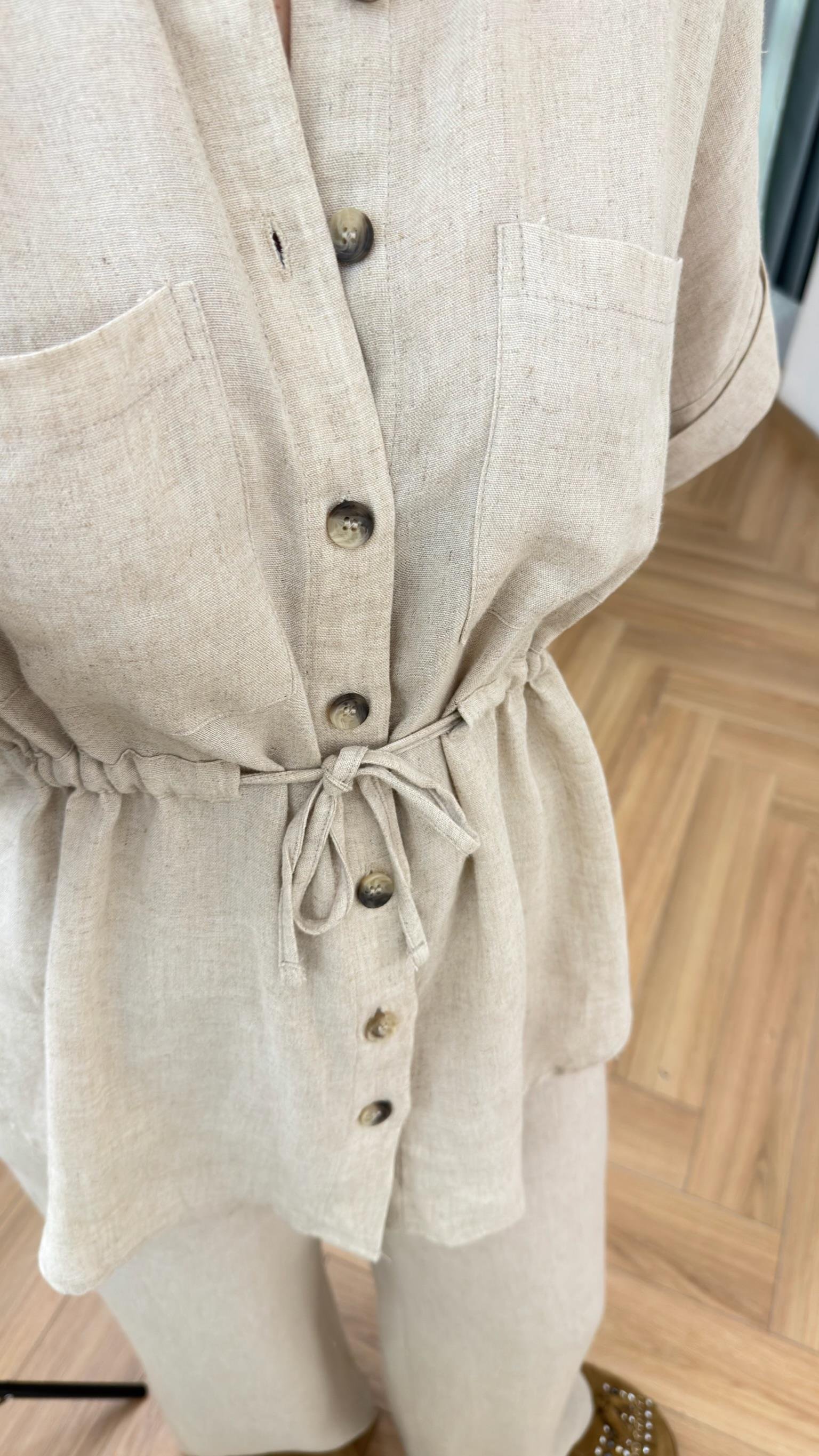 Zeo Kısa Kol Bel Büzgülü Keten Takım