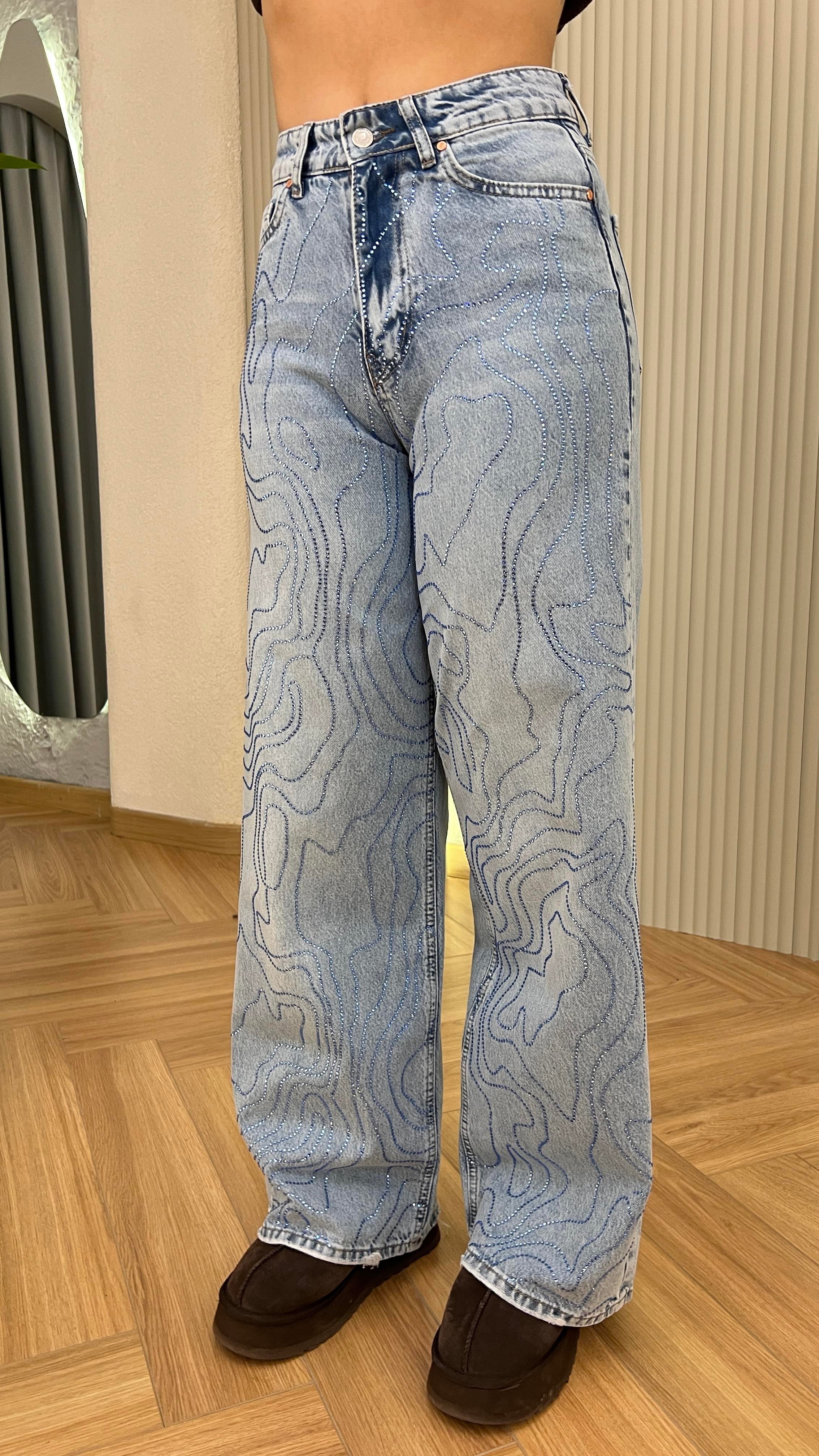 Saggy Önü Taşlı Yüksek Bel Jean