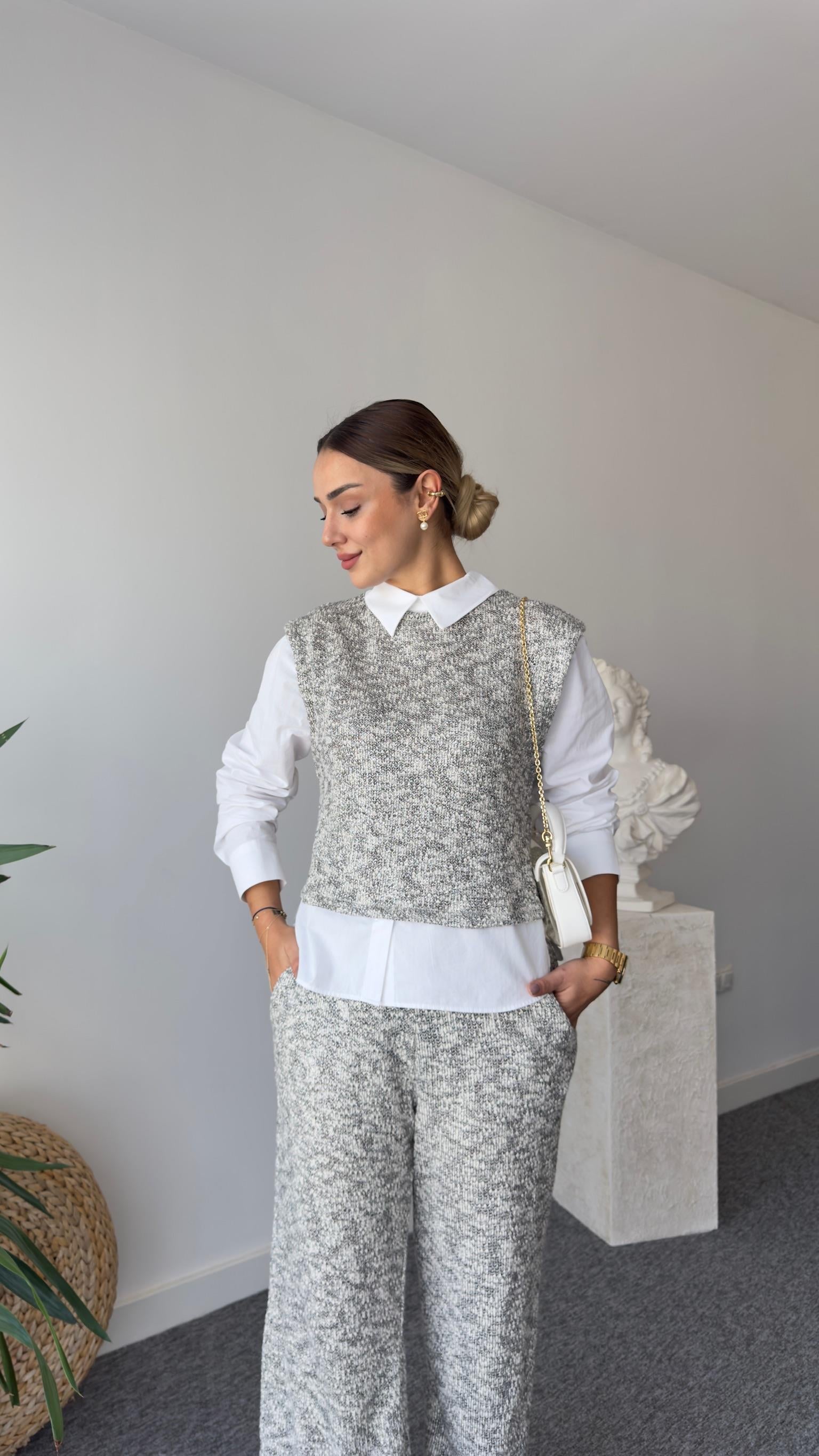 Luka Gömlek Detaylı Gri Triko Takım