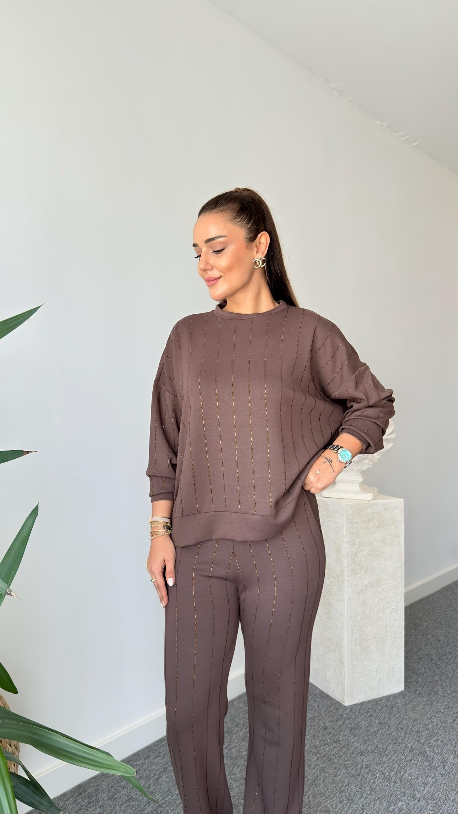 Kahve Jera Taşlı Modal Takım
