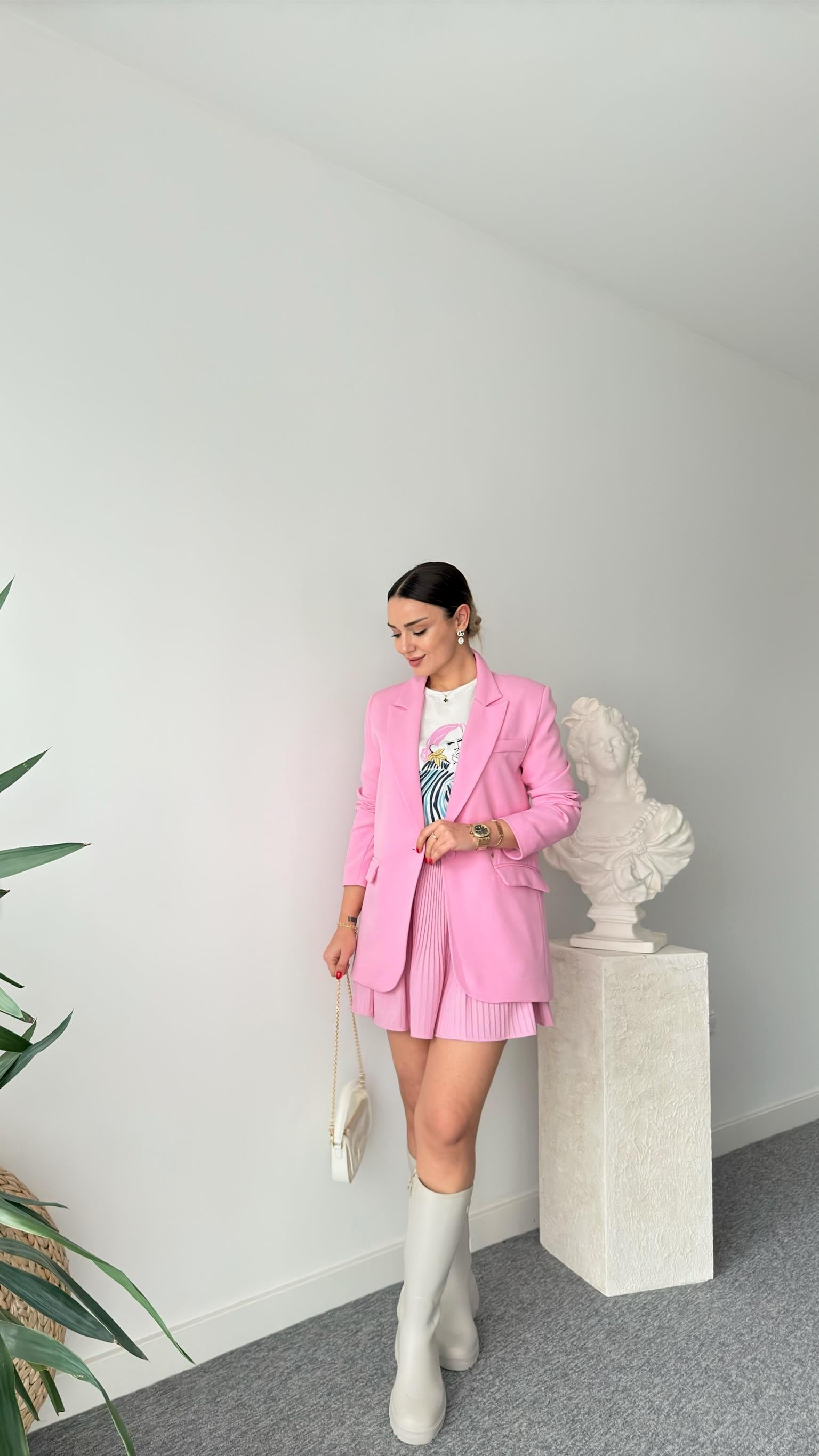 Tek Düğme Pembe Blazer Ceket